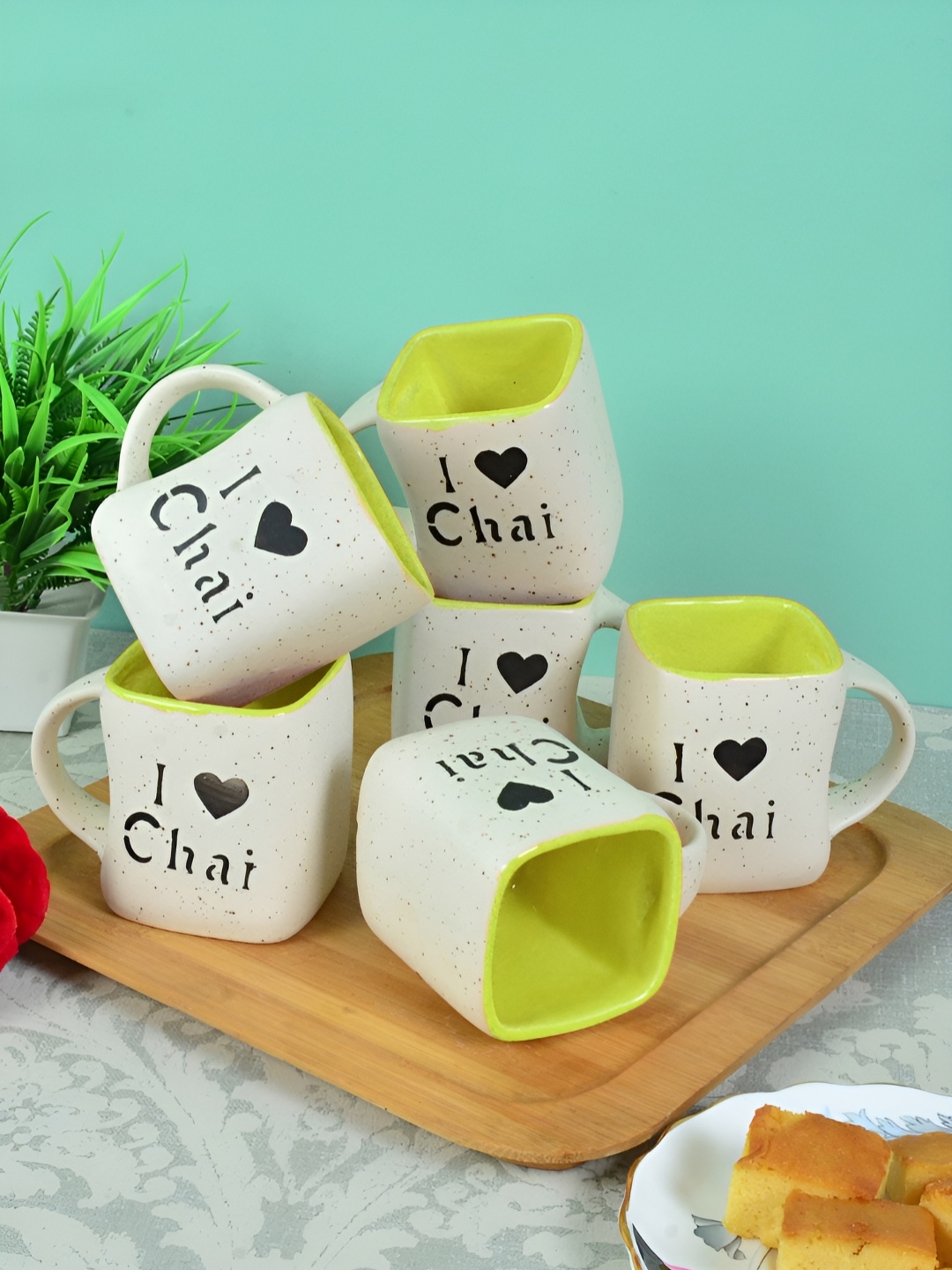 

FABINALIV Set of 6 Green & White Printed Ceramics Matte Cups