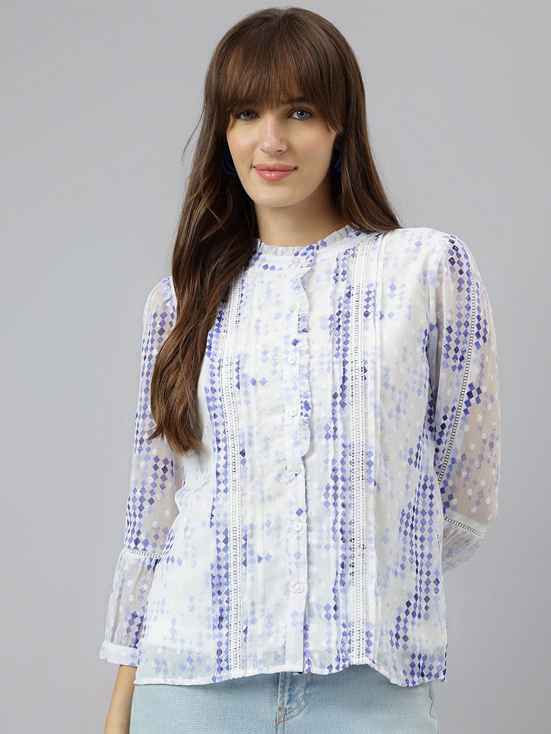 

Latin Quarters Women Mandarin Collar Abstract Printed Casual Shirt, White