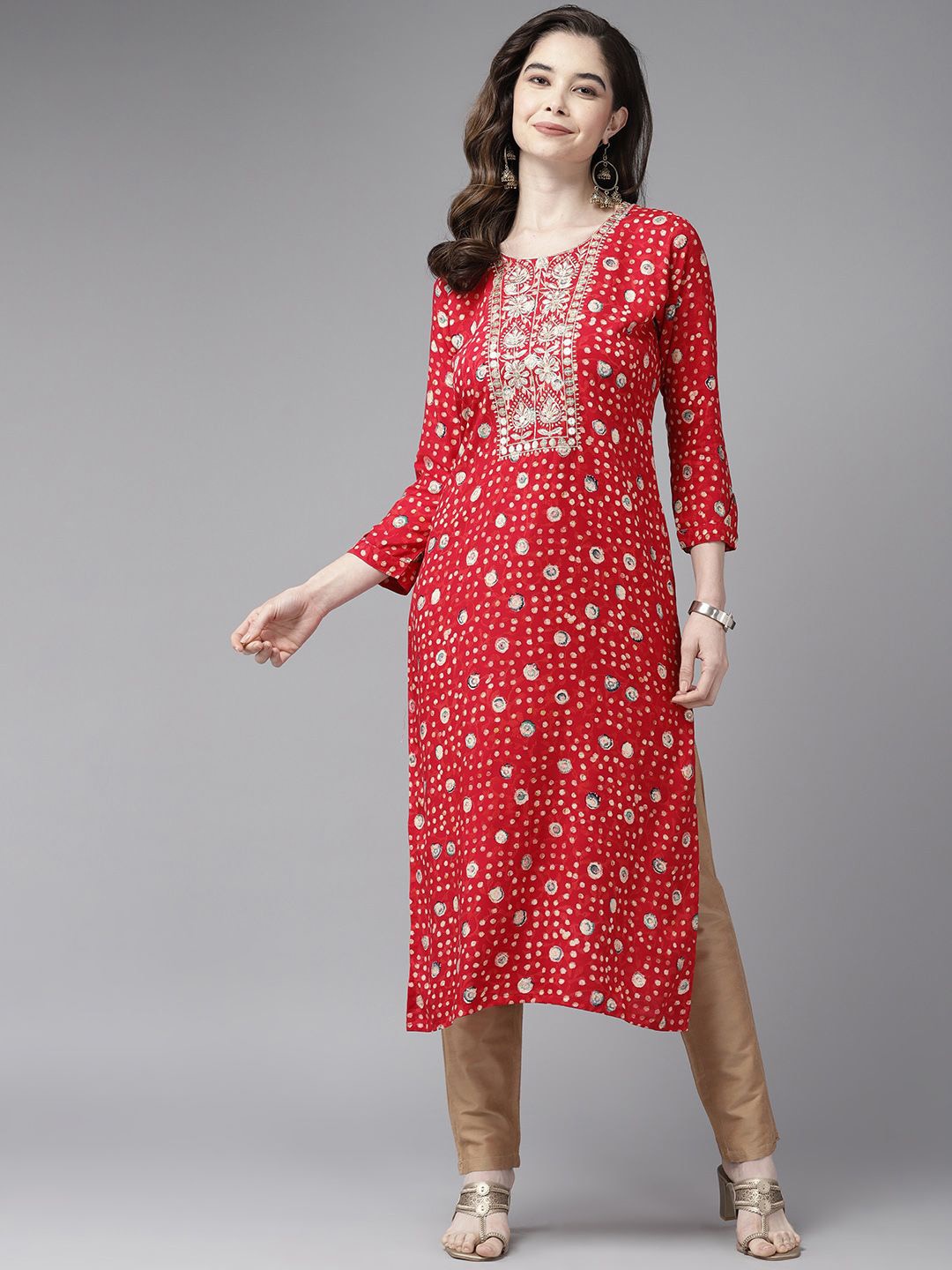 

BAESD Women Geometric Yoke Design Keyhole Neck Flared Sleeves Mirror Work Kurta, Red
