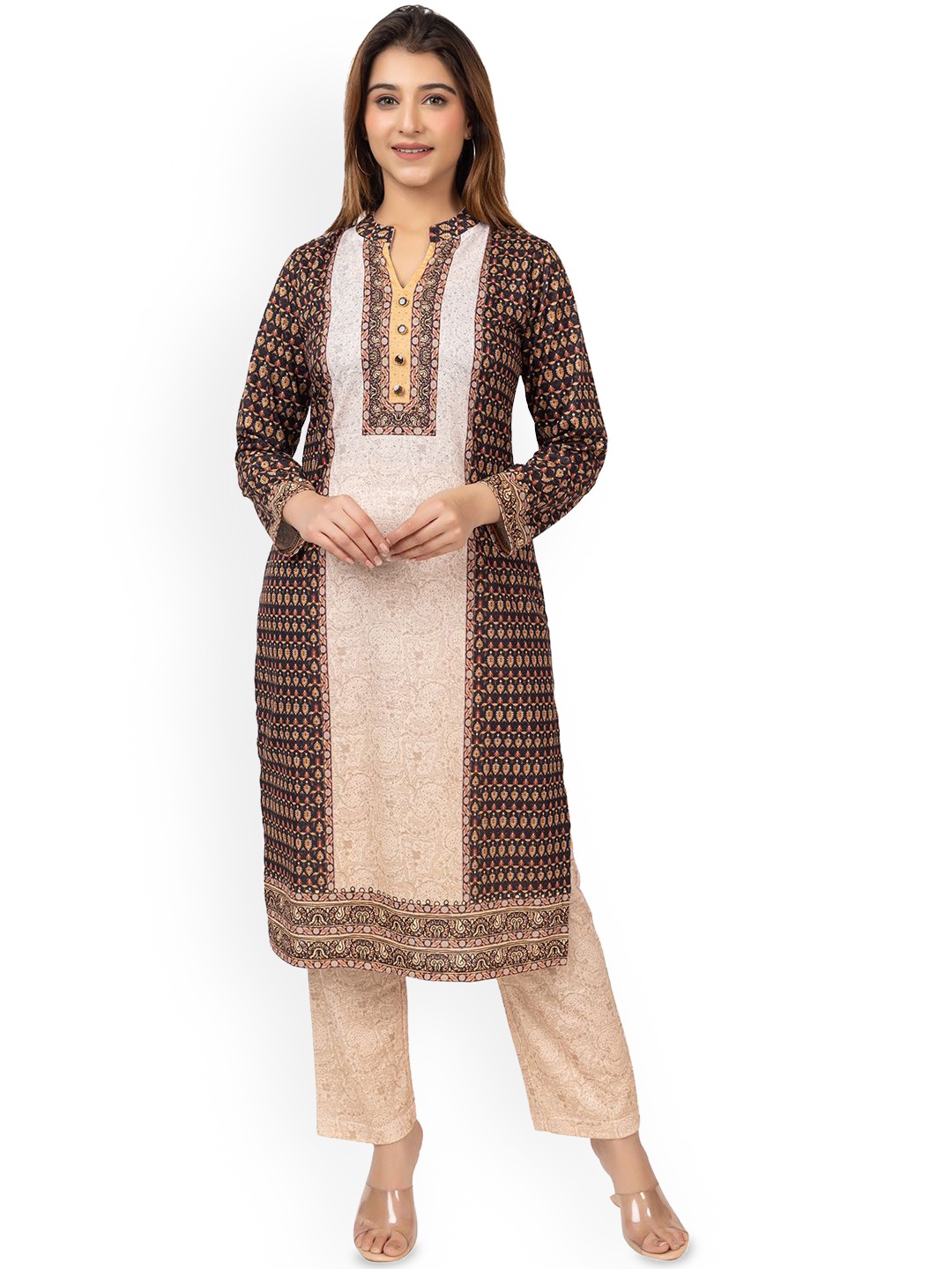 

TWENTY ME Women Floral Printed Regular Kurta with Trousers, Beige