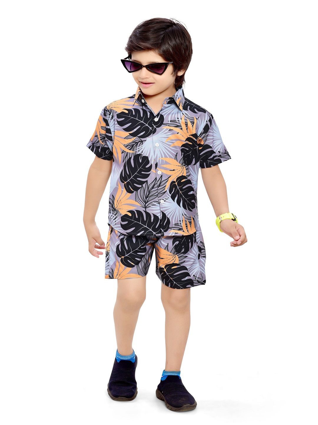 

BAESD Boys Tropical Printed Pure Cotton Shirt with Shorts, Grey