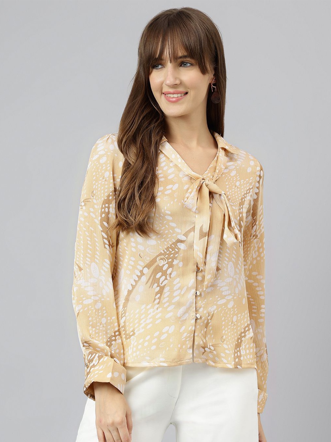 

Latin Quarters Women Spread Collar Abstract Printed Casual Shirt, Beige