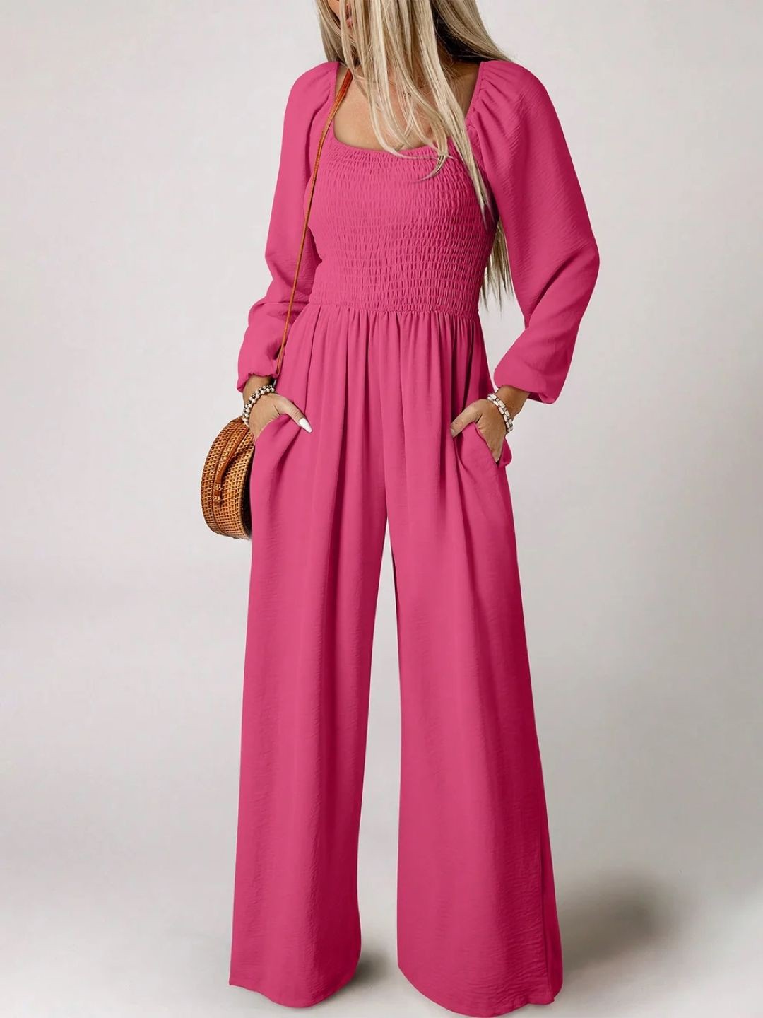 

StyleCast Women Square Neck Solid Long Sleeves Basic Jumpsuit, Pink