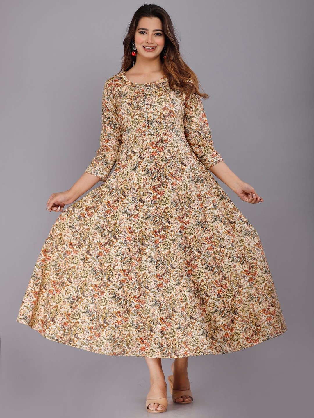 

RANI PRINTS Ethnic Motifs Print Fit & Flare Maxi Ethnic Dress, Beige