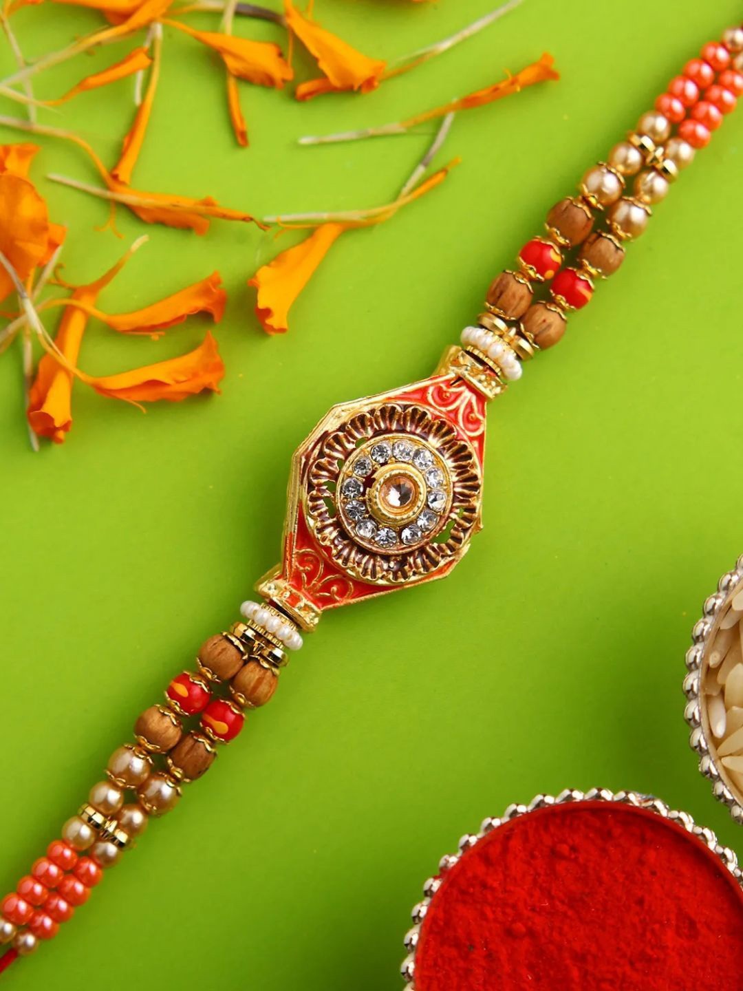 

fnp Designer Kundan Special Rakhi Silver Selections, Gold
