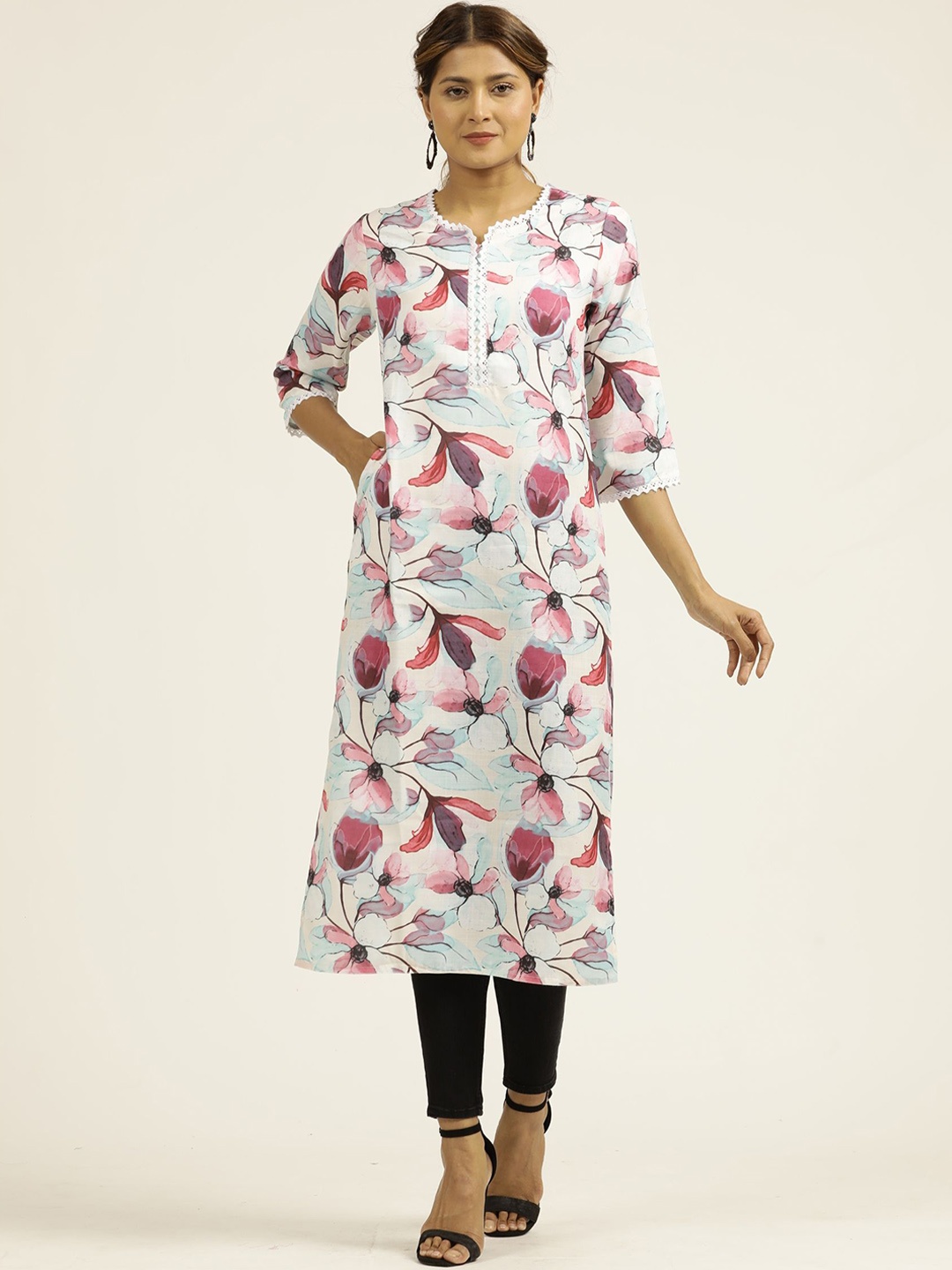 

Jaipur Kurti Floral Printed Straight Kurta, Magenta