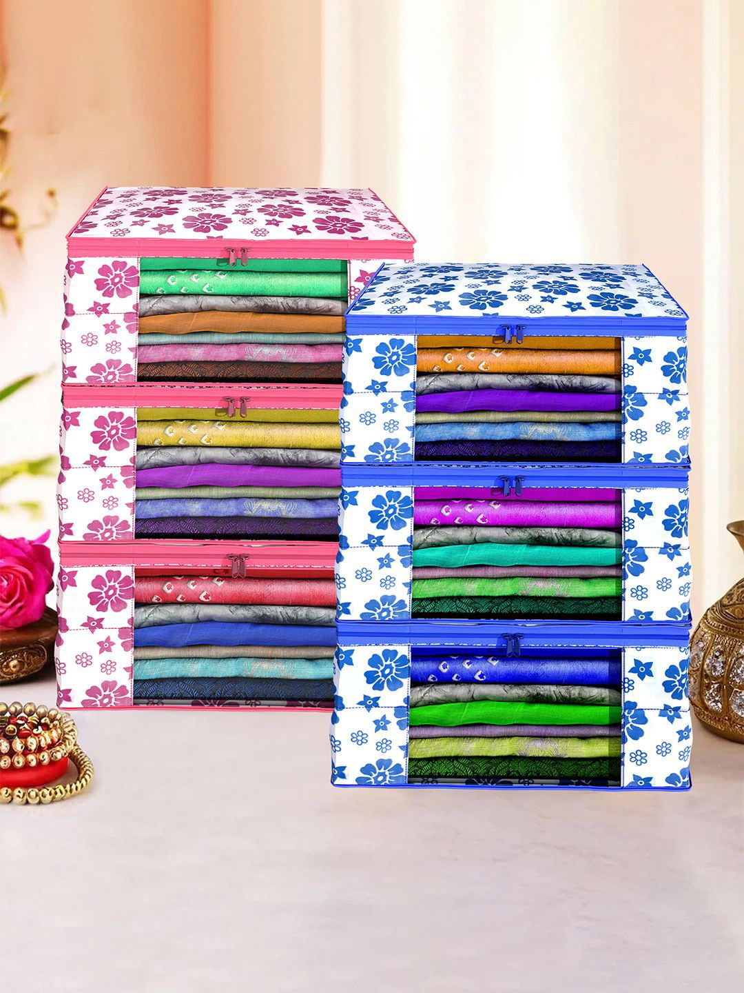 

Kuber Industries Pink & Blue 6 Pieces Printed Foldable Multi Utility Organisers