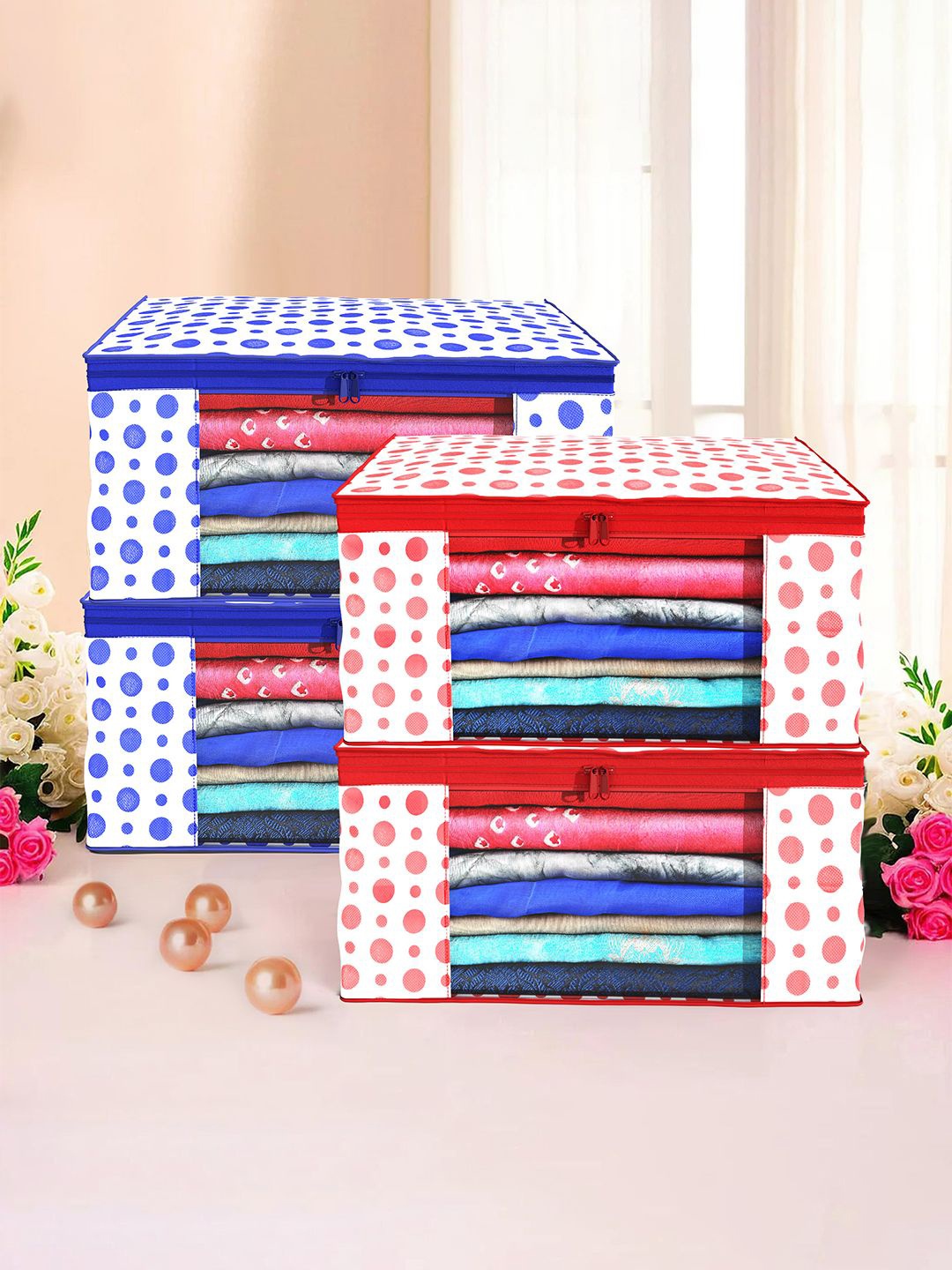 

Kuber Industries Red & Blue 4 Pieces Printed Foldable Multi Utility Organisers