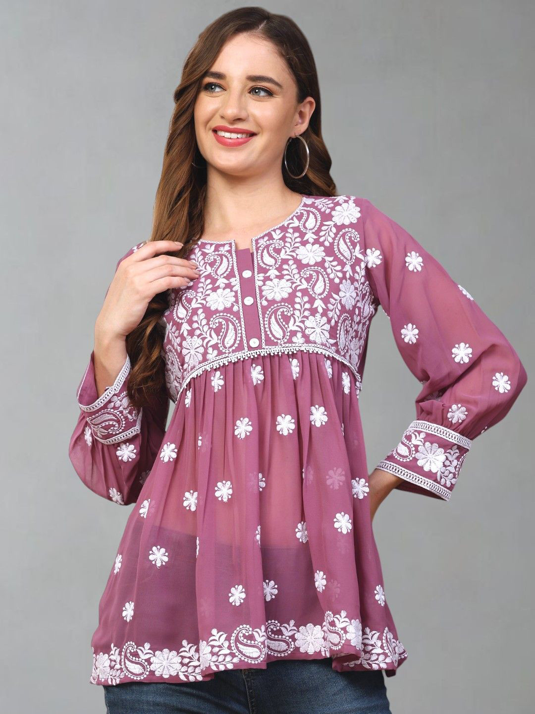 

Growish Women Floral Printed Embroidered Tie-Up Neck Top, Purple