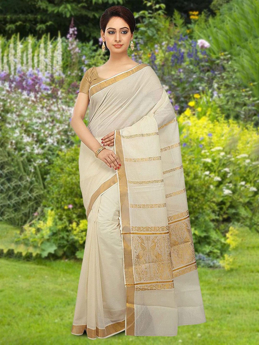 

Rst R Selvamani Tex Solid Zari Pure Cotton Kasavu Saree, Off white