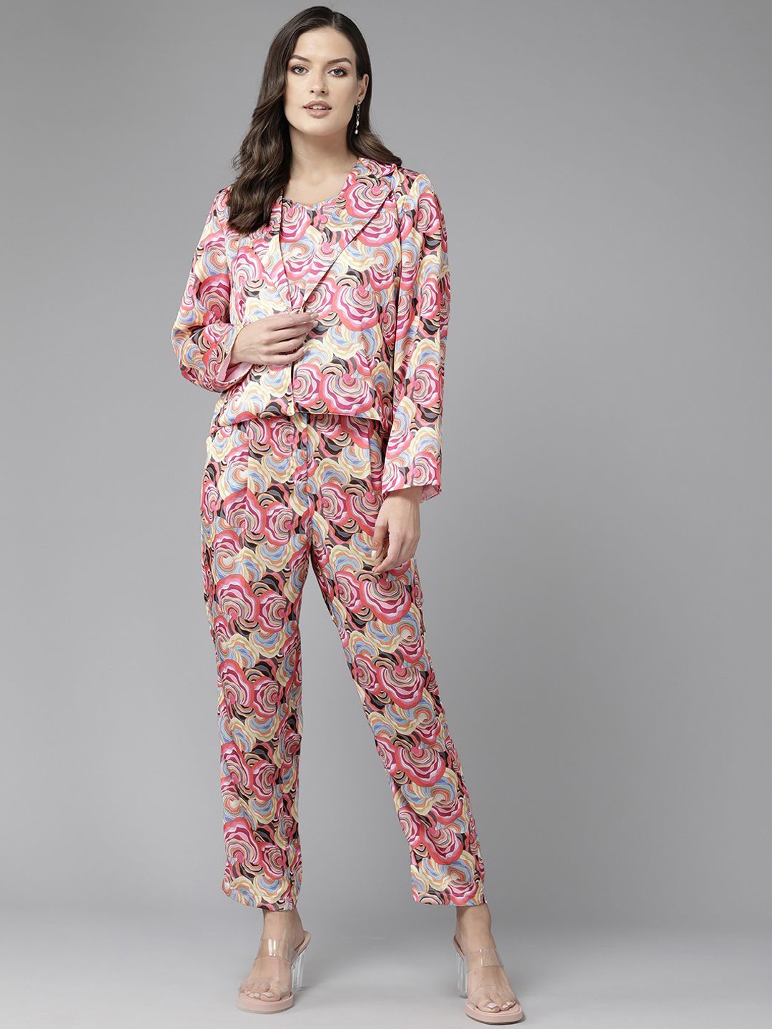 

BAESD Printed Top with Coat & Trouser Co-Ord Set, Pink