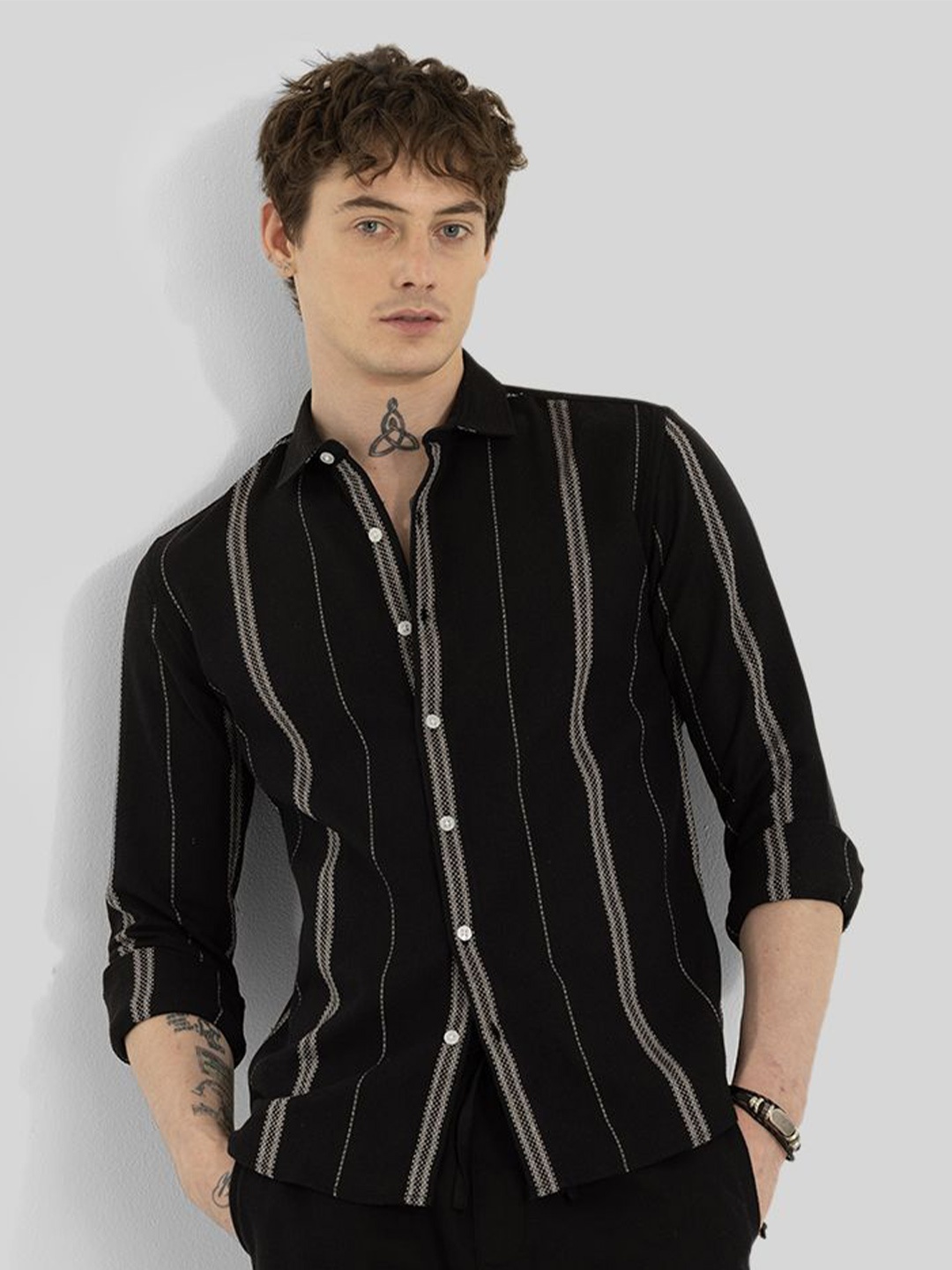 

Snitch Men Smart Slim Fit Opaque Striped Casual Shirt, Black