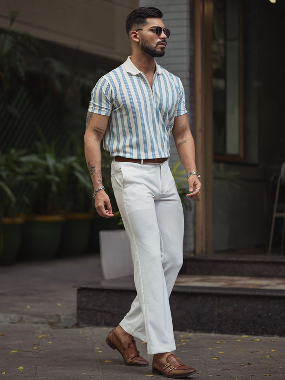 

Powerlook Men Striped V-Neck Pockets T-shirt, Off white