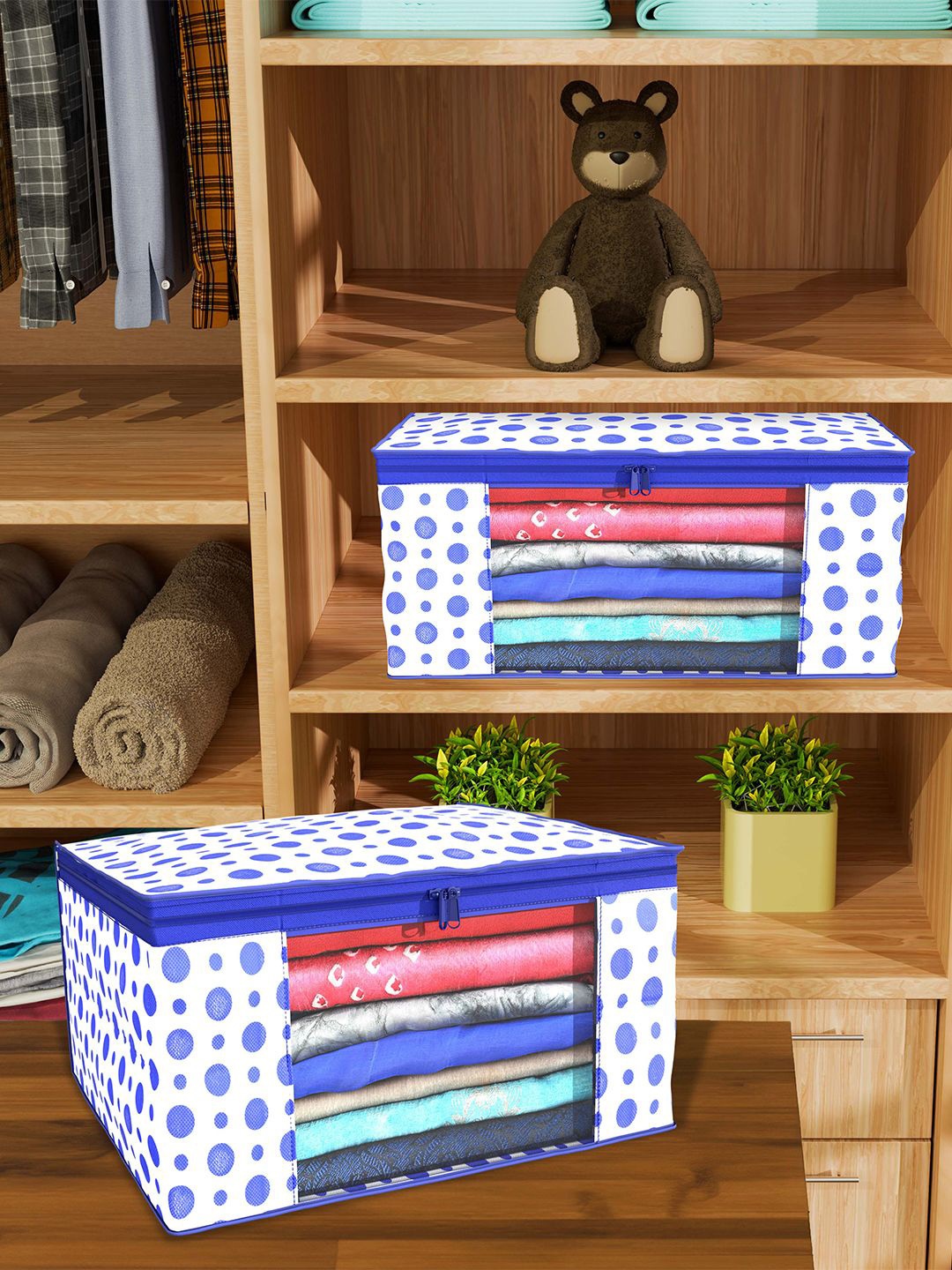

Kuber Industries Blue & White 12 Pieces Polka Dots Printed Foldable Drawer Organisers