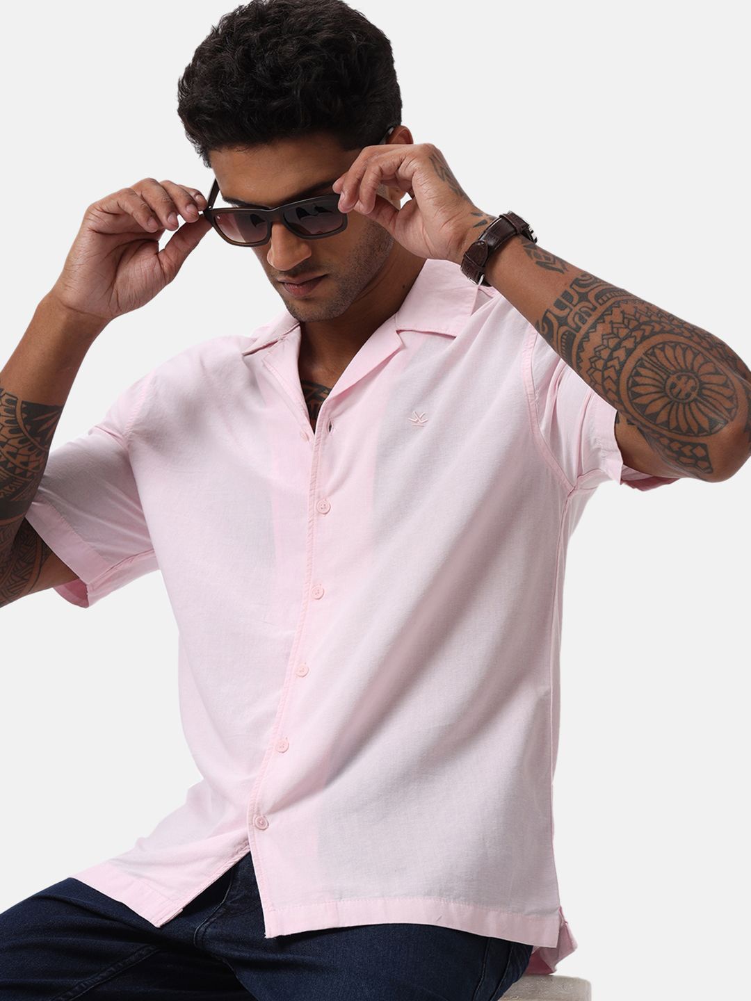 

WROGN Men Custom Cuban Collar Solid Cotton Casual Shirt, Pink