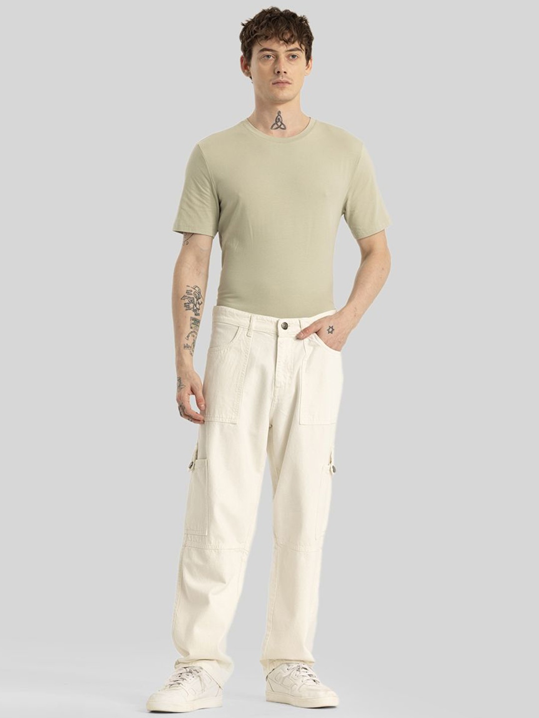 

Snitch Men Comfort Relaxed Fit Mildly Distressed Stretchable Jeans, Cream