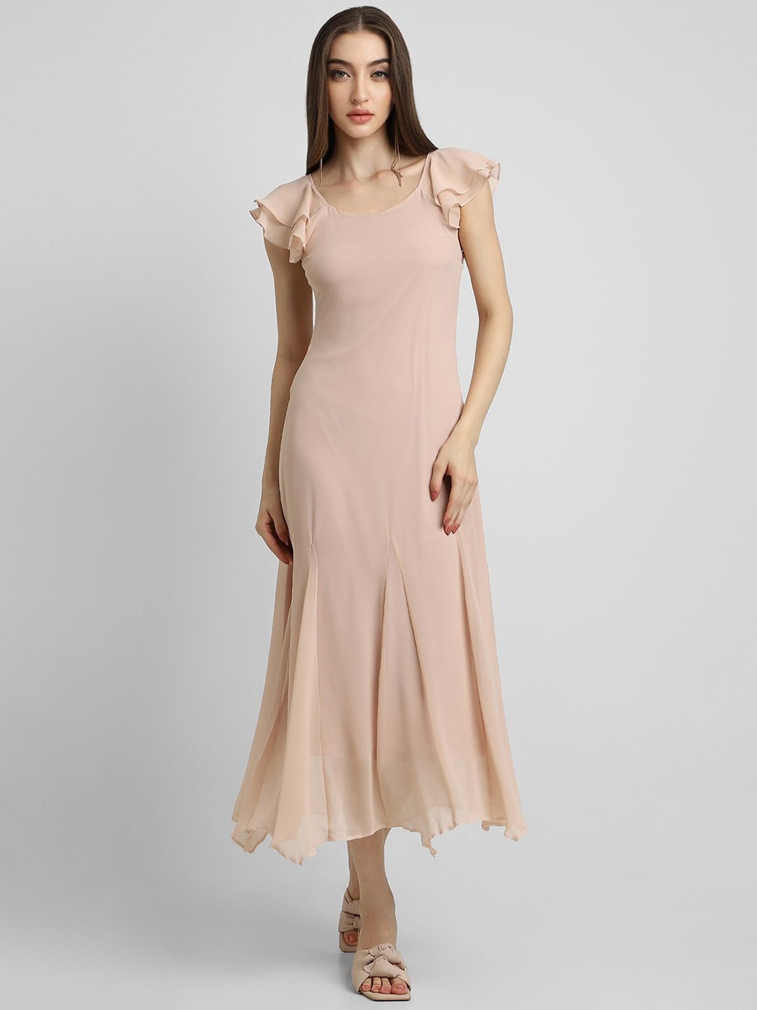 

FOREVER 21 Round Neck Flutter Sleeve A-Line Midi Dress, Beige