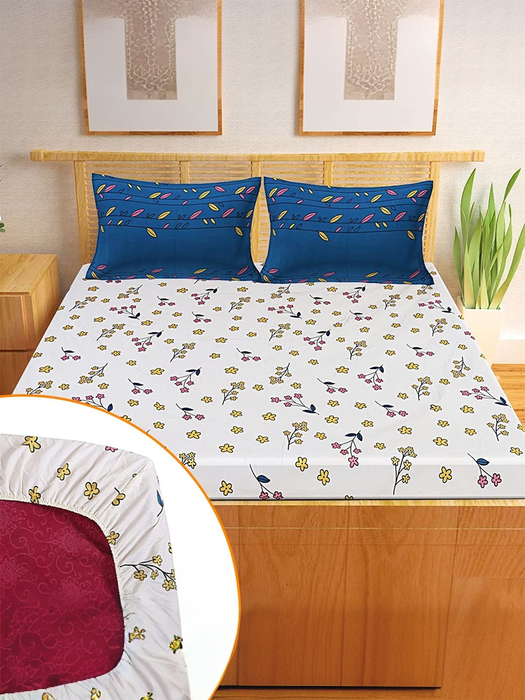 

Kuber Industries White & Yellow Floral 144 TC Queen Bedsheet with 2 Pillow Covers