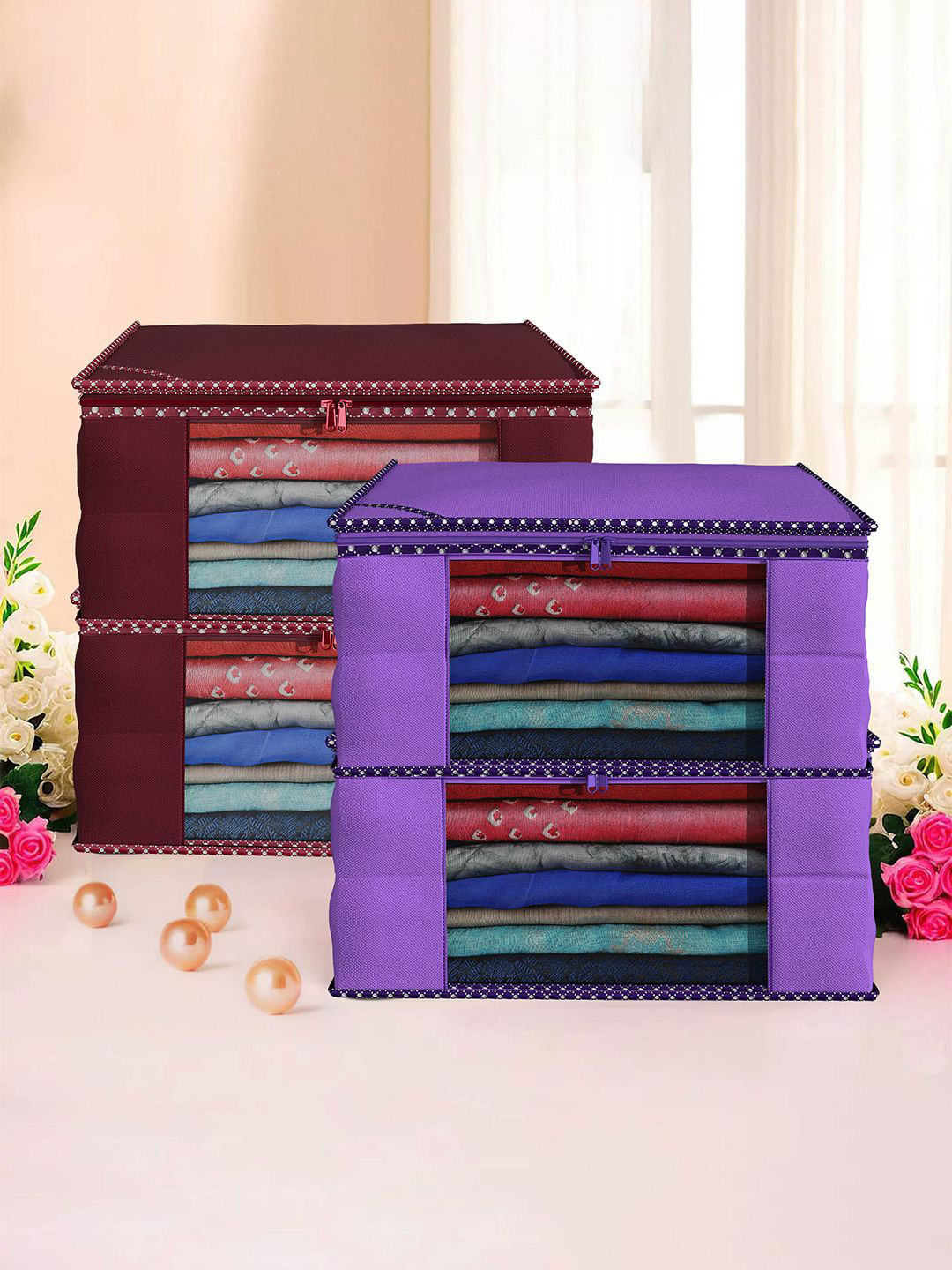 

Kuber Industries Maroon & Purple 4 Pieces Printed Foldable Multi Utility Organisers