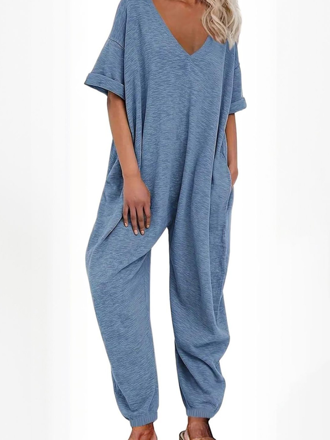 

Stylecast X KPOP Women Solid V-Neck Short Sleeve Basic Jumpsuit, Blue