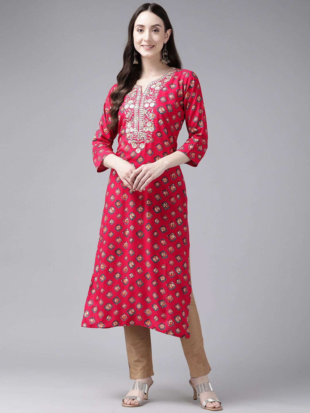 

BAESD Women Geometric Printed Flared Sleeves Thread Work Kurta, Pink