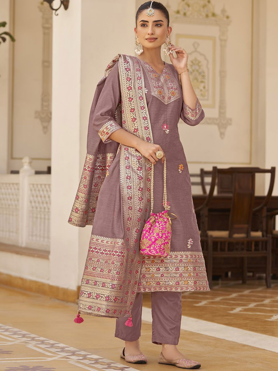 

Shaily Floral Woven Design V-Neck Straight Kurta With Trousers & Dupatta, Magenta