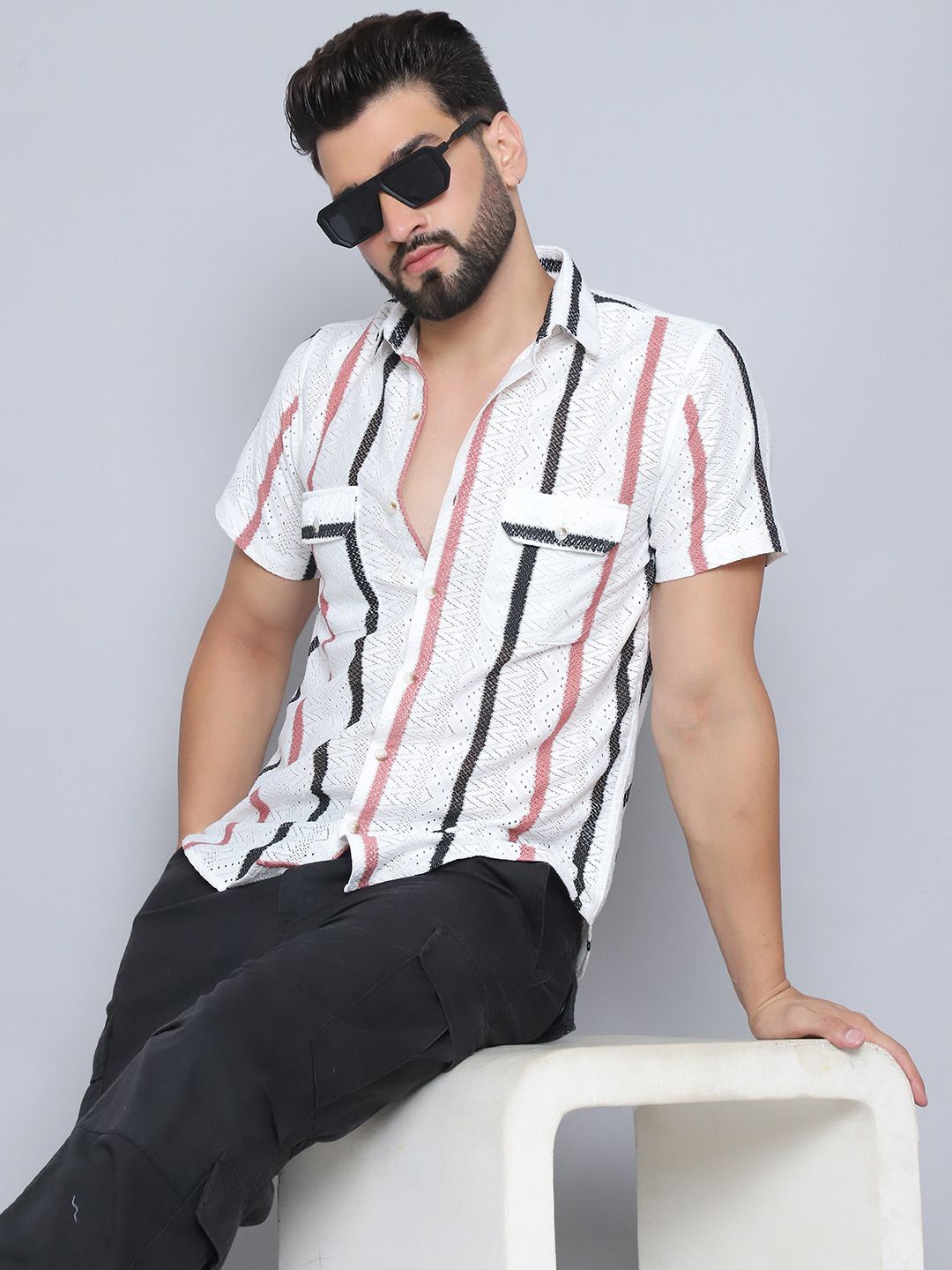 

Indian Needle Men Classic Spread Collar Striped Polycotton Casual Shirt, White