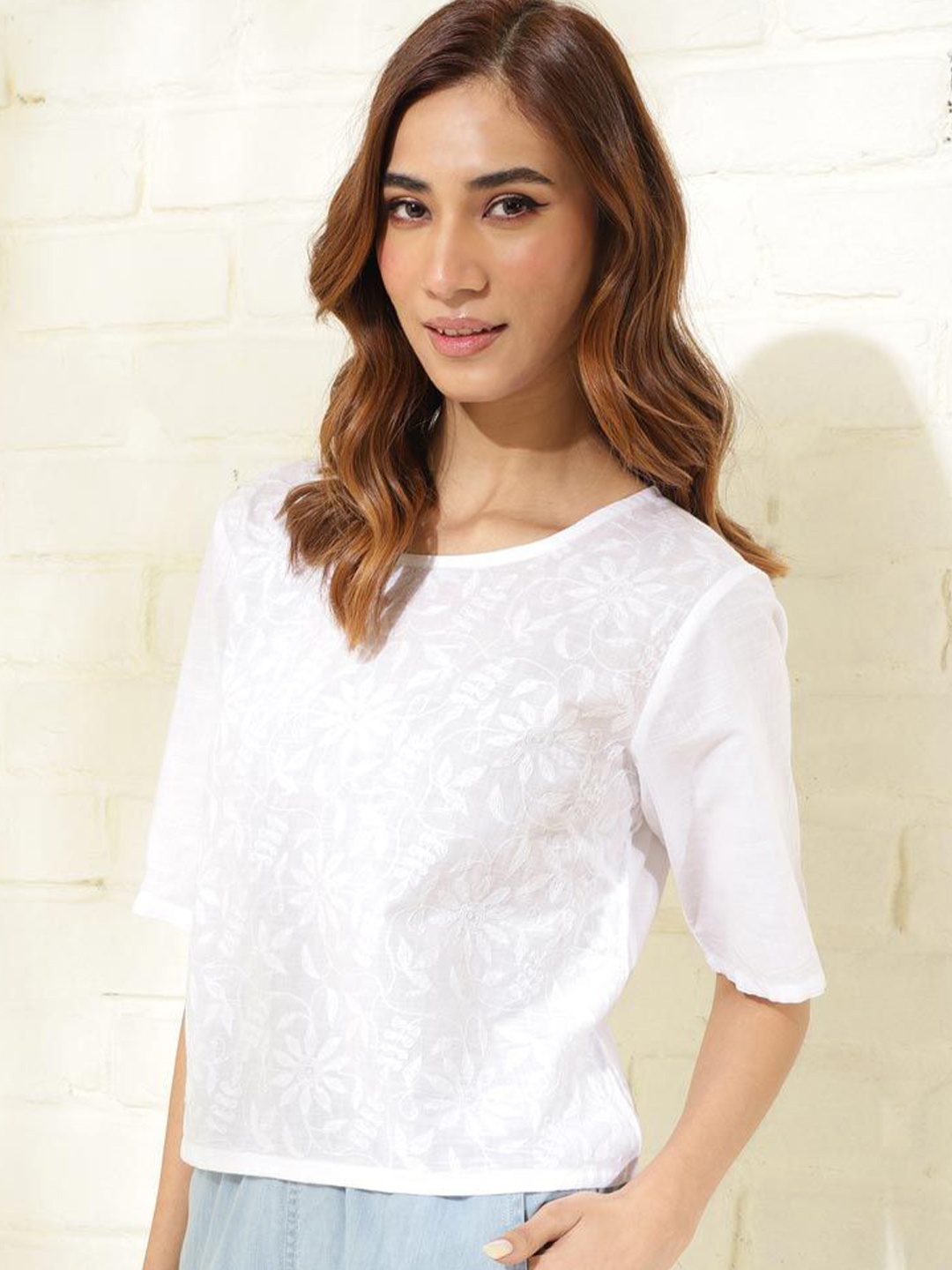 

Fabindia Women Embroidered Floral Print Round Neck Cotton Top, White