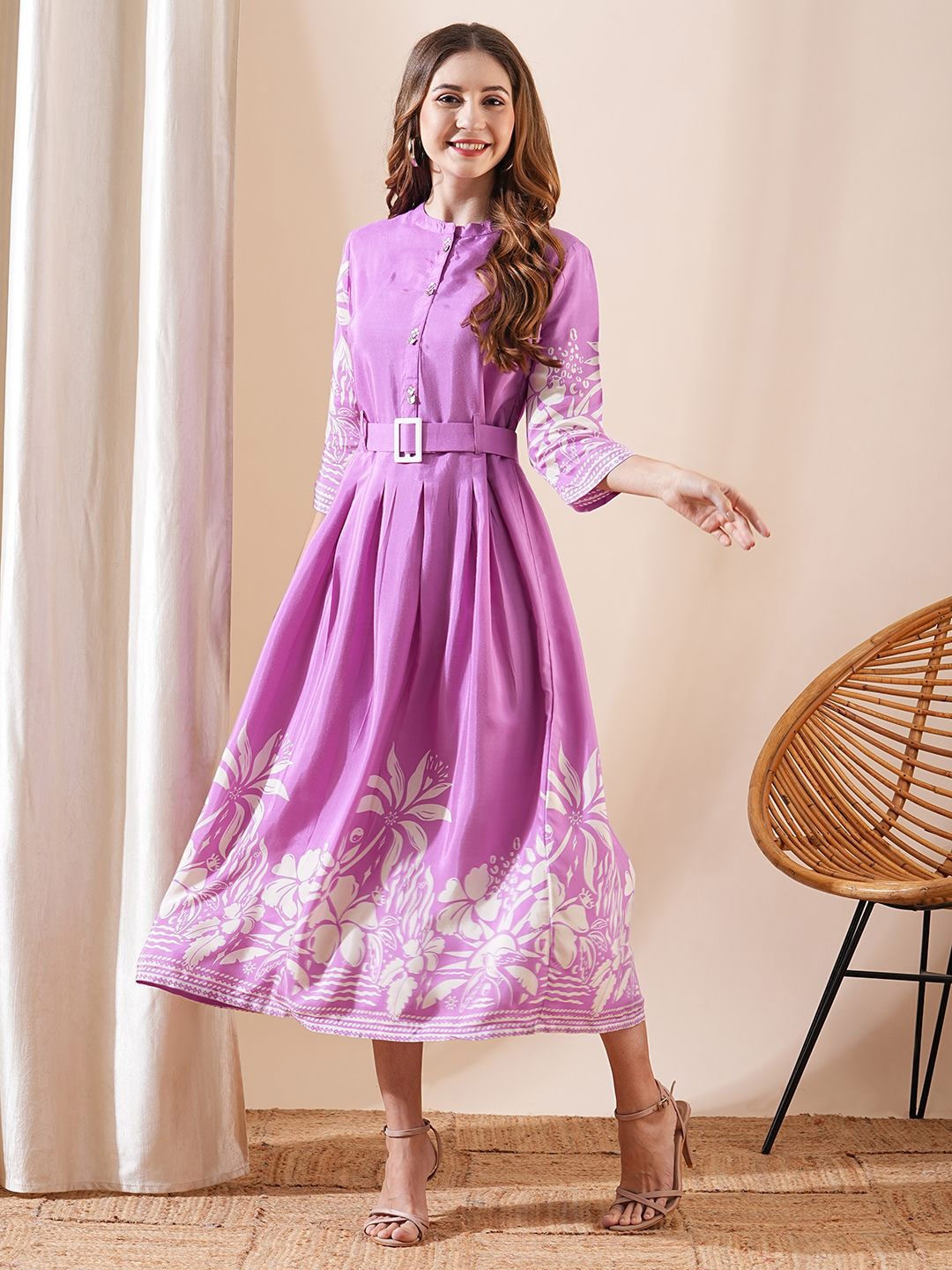 

FASHOR Floral Printed Belted Fit & Flare Midi Dress, Purple