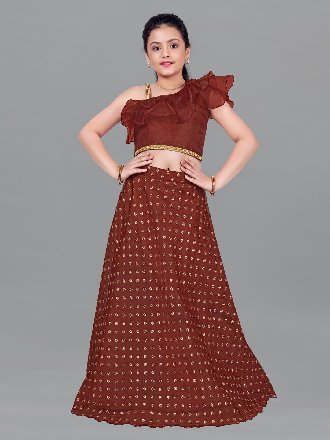 

BAESD Girls One Shoulder Thread Work Ready to Wear Lehenga &, Brown