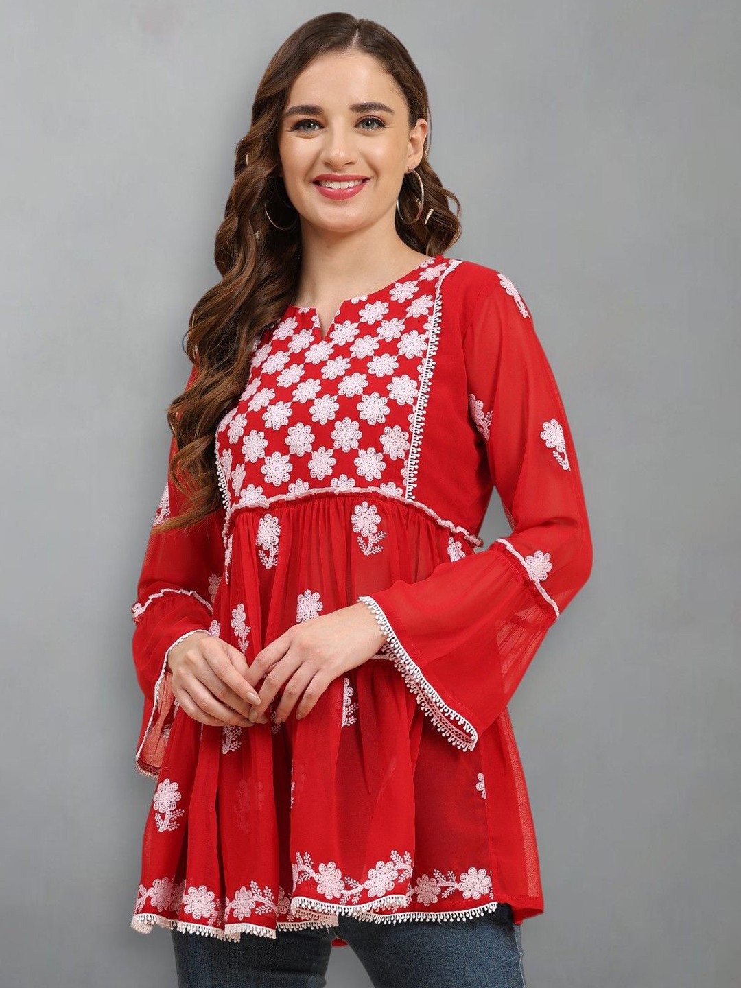 

Growish Women Floral Printed Embroidered Round Neck Top, Red