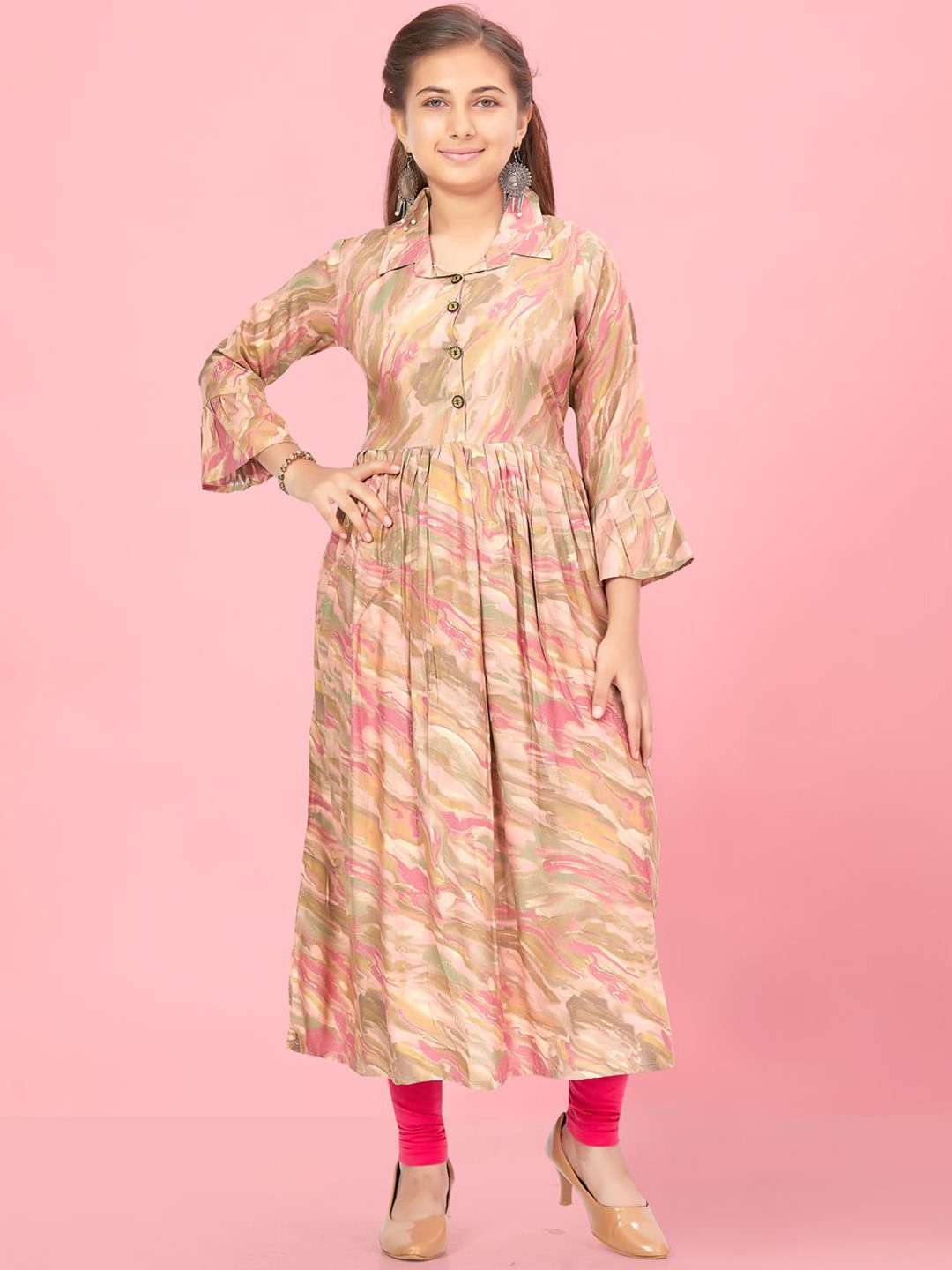 

BAESD Girls Embroidered Flared Sleeves Anarkali Kurta, Pink