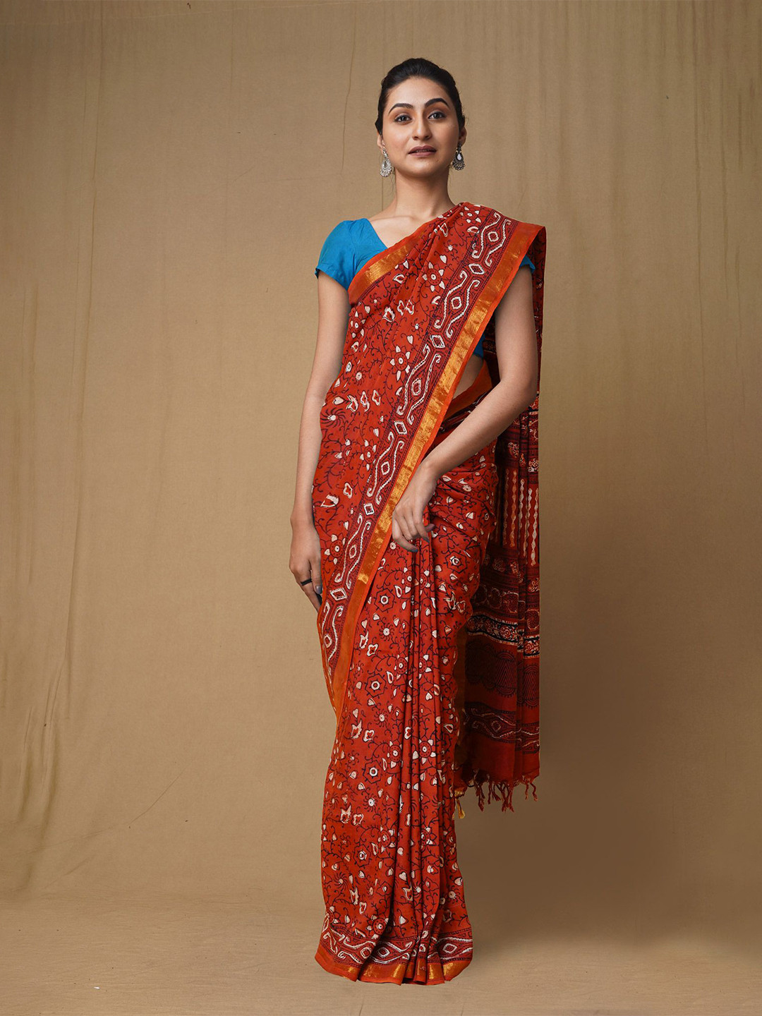 

Unnati Silks Ajrak Block Zari Handloom Chanderi Saree, Red
