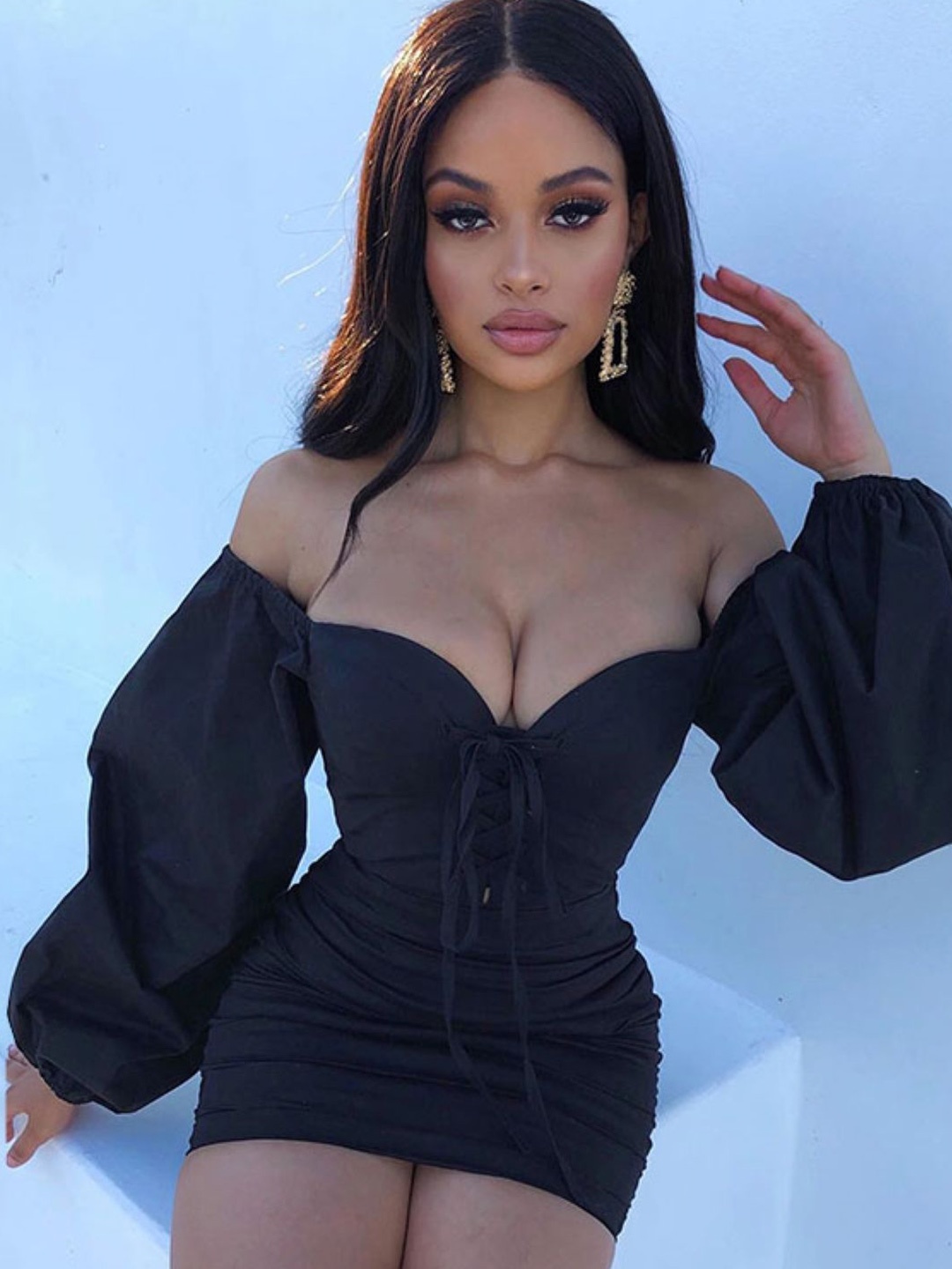 

Stylecast X KPOP Women Off-Shoulder Puff Sleeves Bodycon Mini Dress, Black