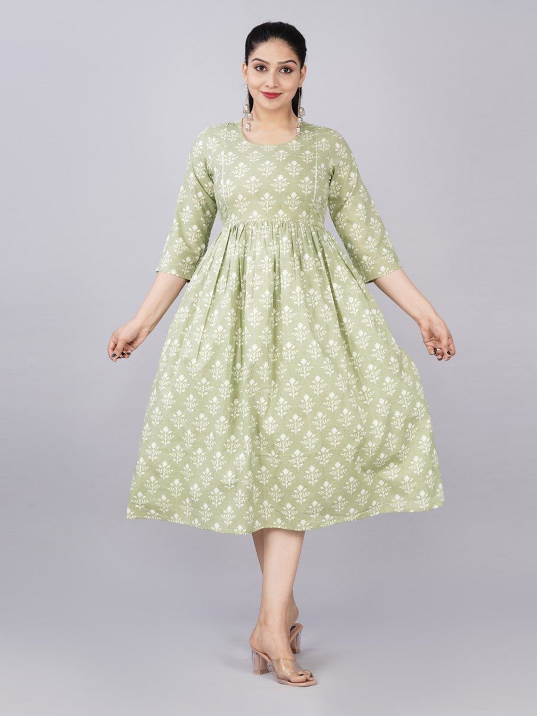 

TANISHA Ethnic Motifs Printed Maternity Fit & Flare Midi Ethnic Dress, Green