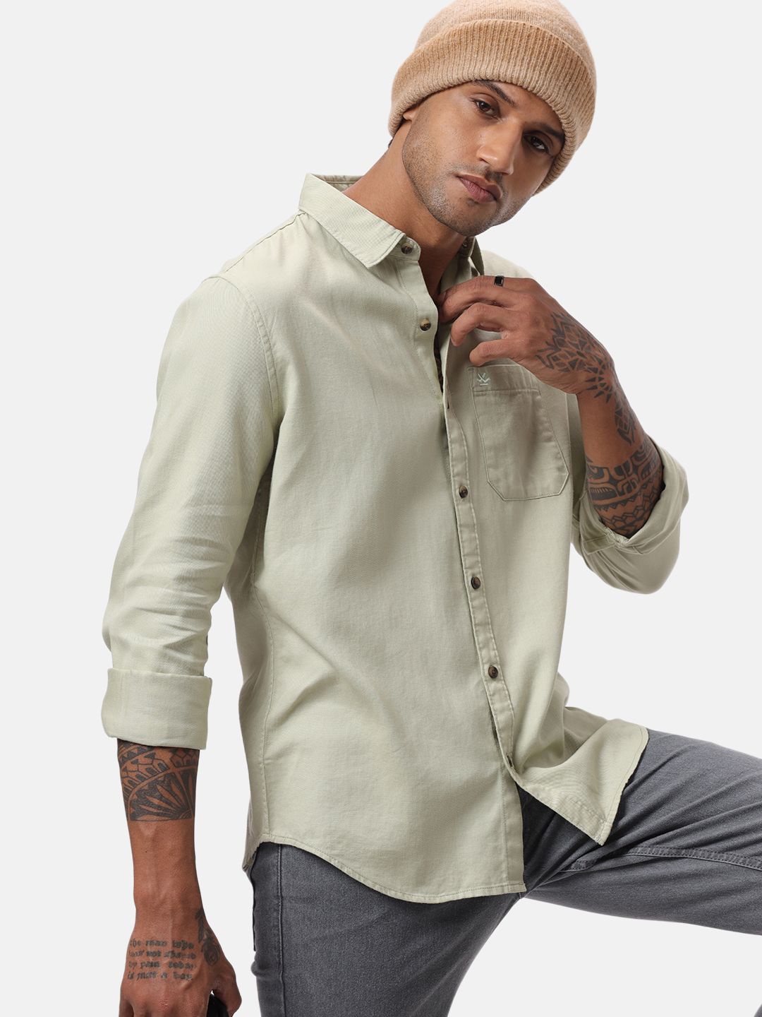 

WROGN Men Custom Spread Collar Solid Cotton Casual Shirt, Olive