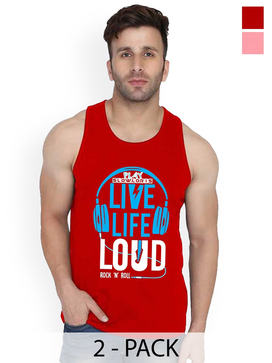 

SLOWLORIS Pack Of 2 Men Printed Gym Vests, Red