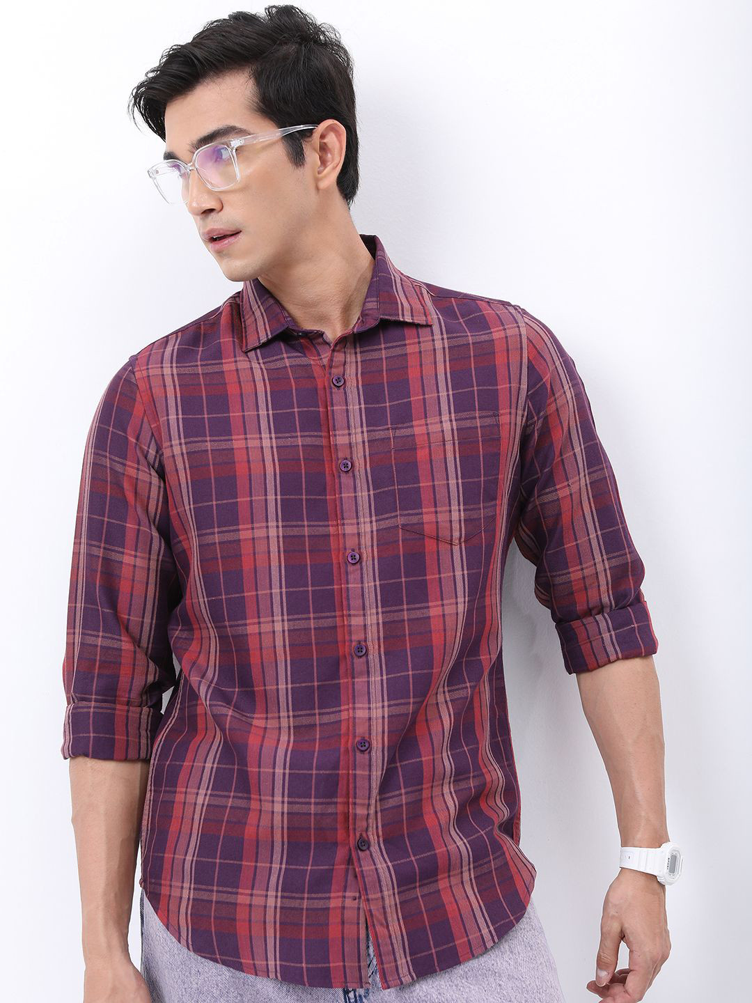 

HIGHLANDER Men Spread Collar Tartan Checked Cotton Slim Fit Casual Shirt, Purple