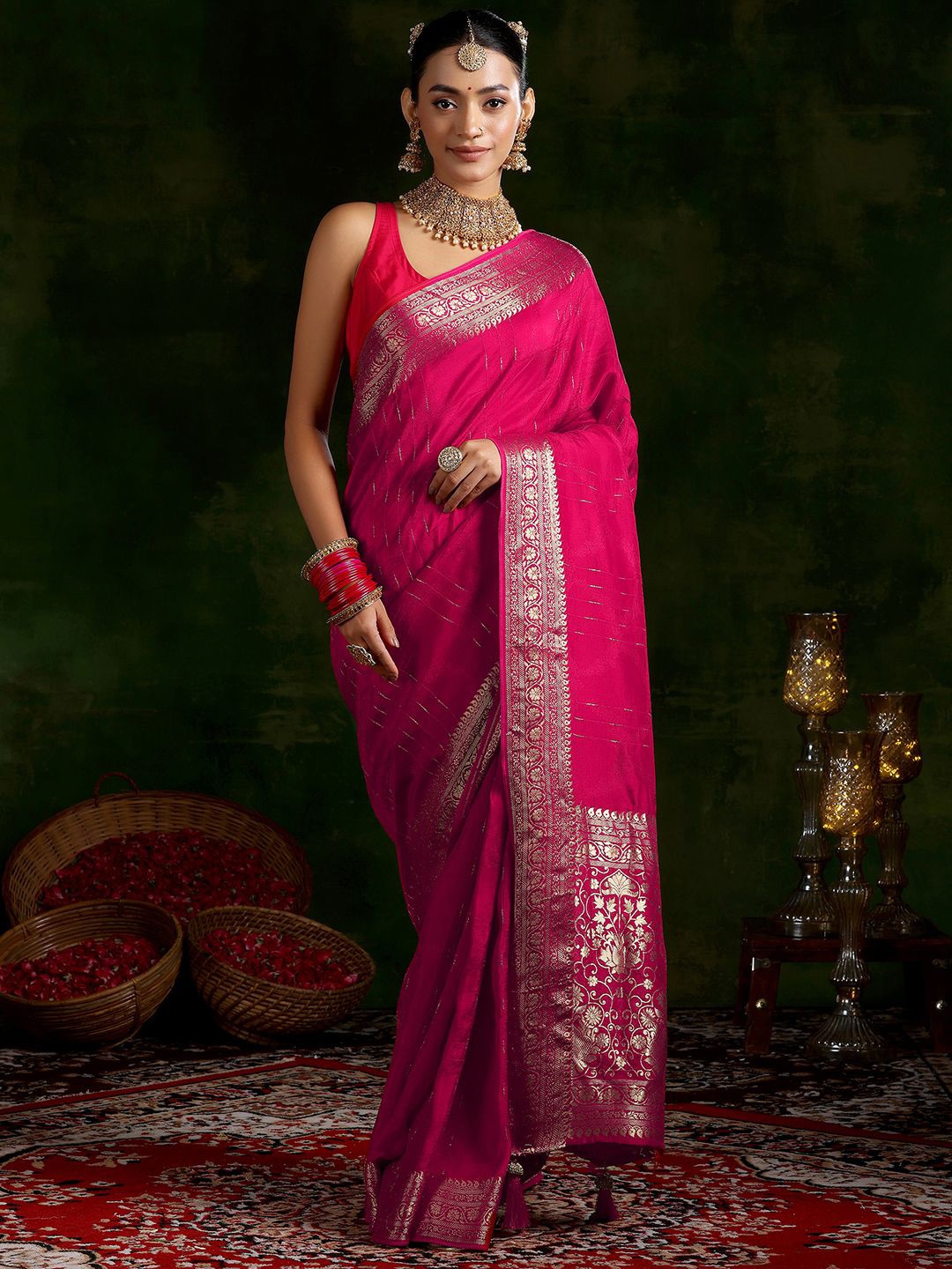 

Libas Ethnic Motifs Woven Design Zari Silk Blend Saree, Pink