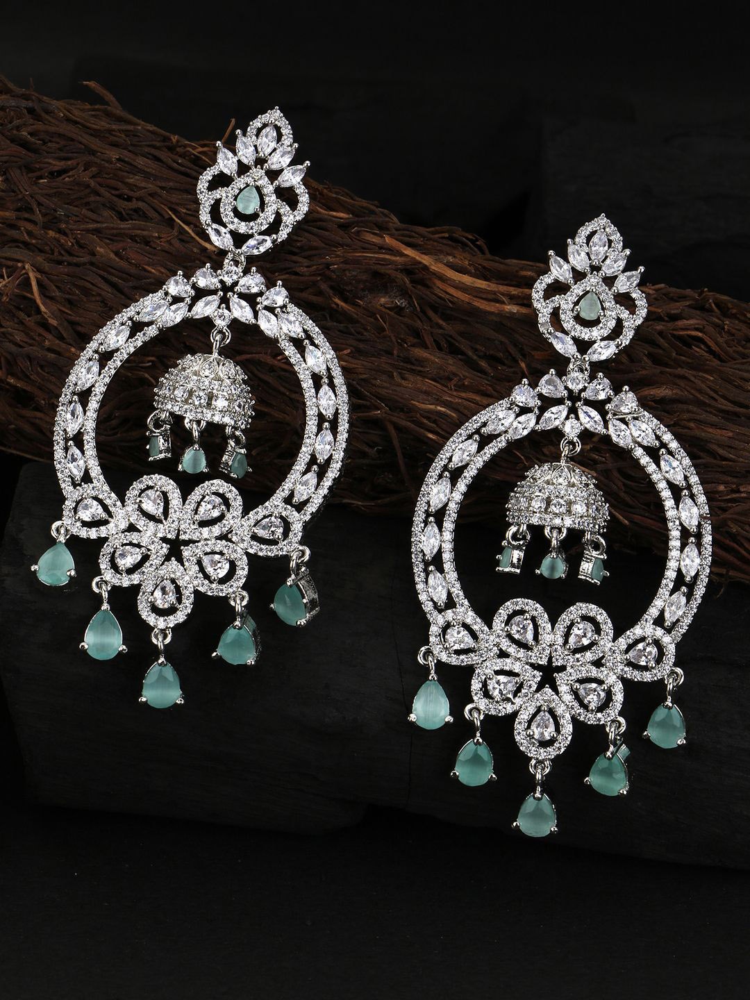 

Adwitiya Collection Rhodium Plated Cubic Zirconia Chandbalis, Silver