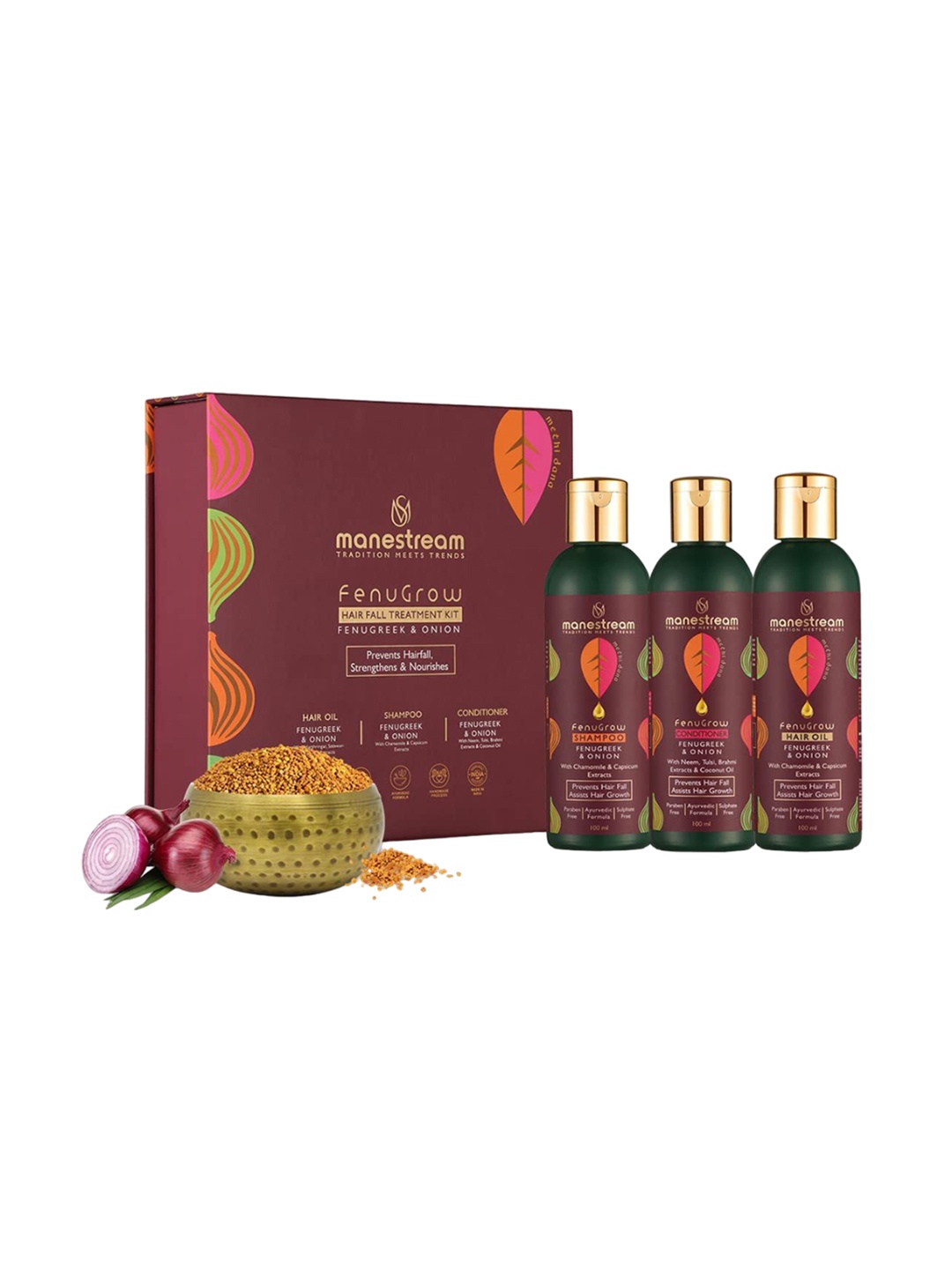 

Manestream Set Of 3 Fenugrow Hairfall Treatment Kit with Fenugreek -100ml Each, Burgundy