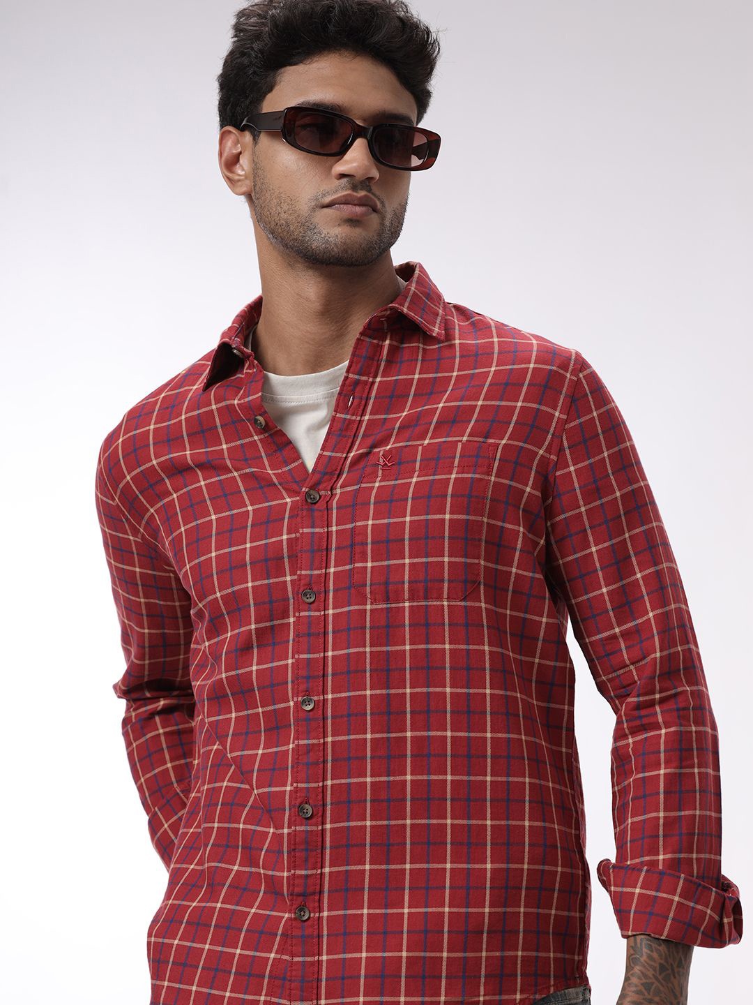 

WROGN Men Custom Spread Collar Tartan Checked Cotton Slim Fit Casual Shirt, Red
