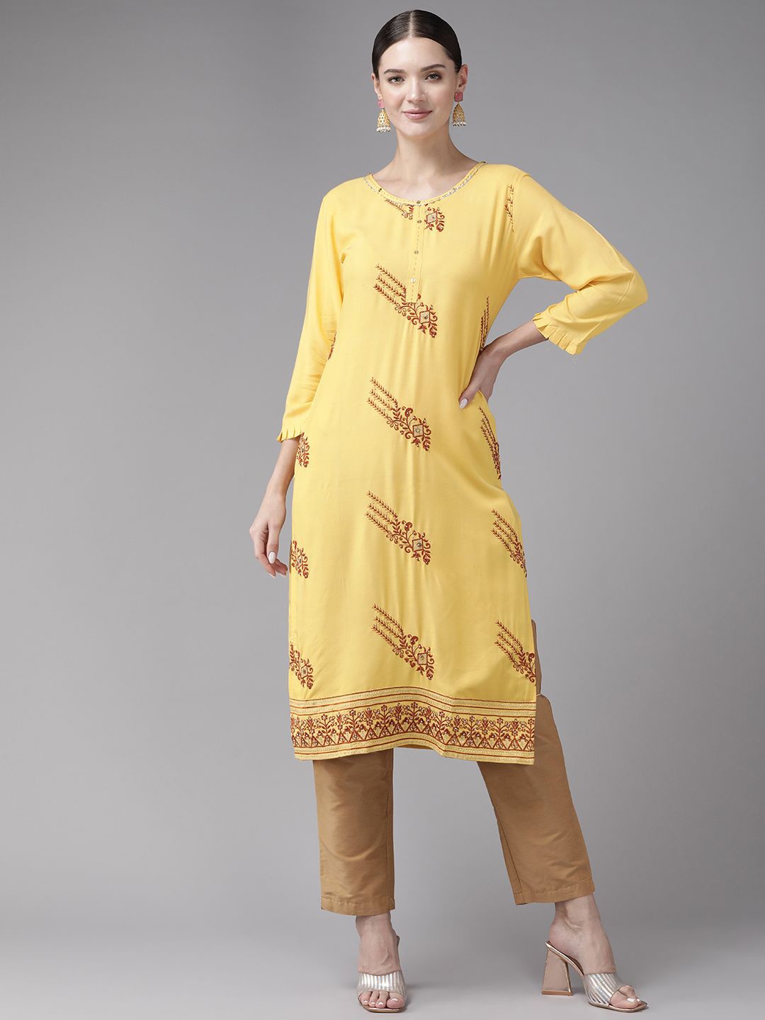 

BAESD Women Embroidered Cold-Shoulder Sleeves Sequinned Kurta, Yellow