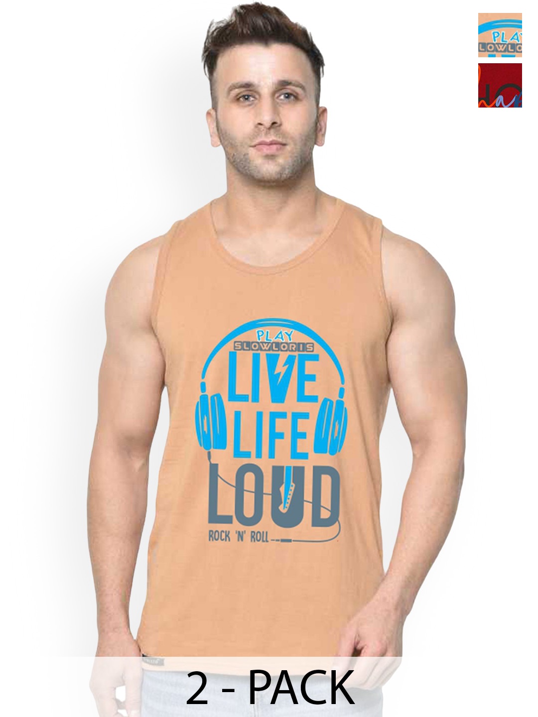 

SLOWLORIS Men Pack Of 2 Printed Gym Vests, Rust