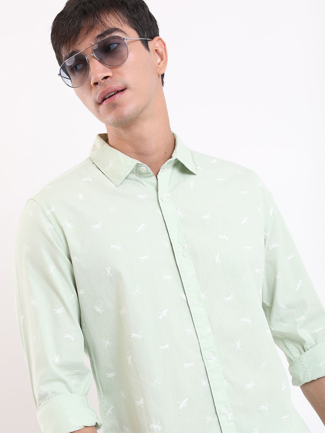 

HIGHLANDER Men Spread Collar Conversational Printed Cotton Slim Fit Casual Shirt, Green