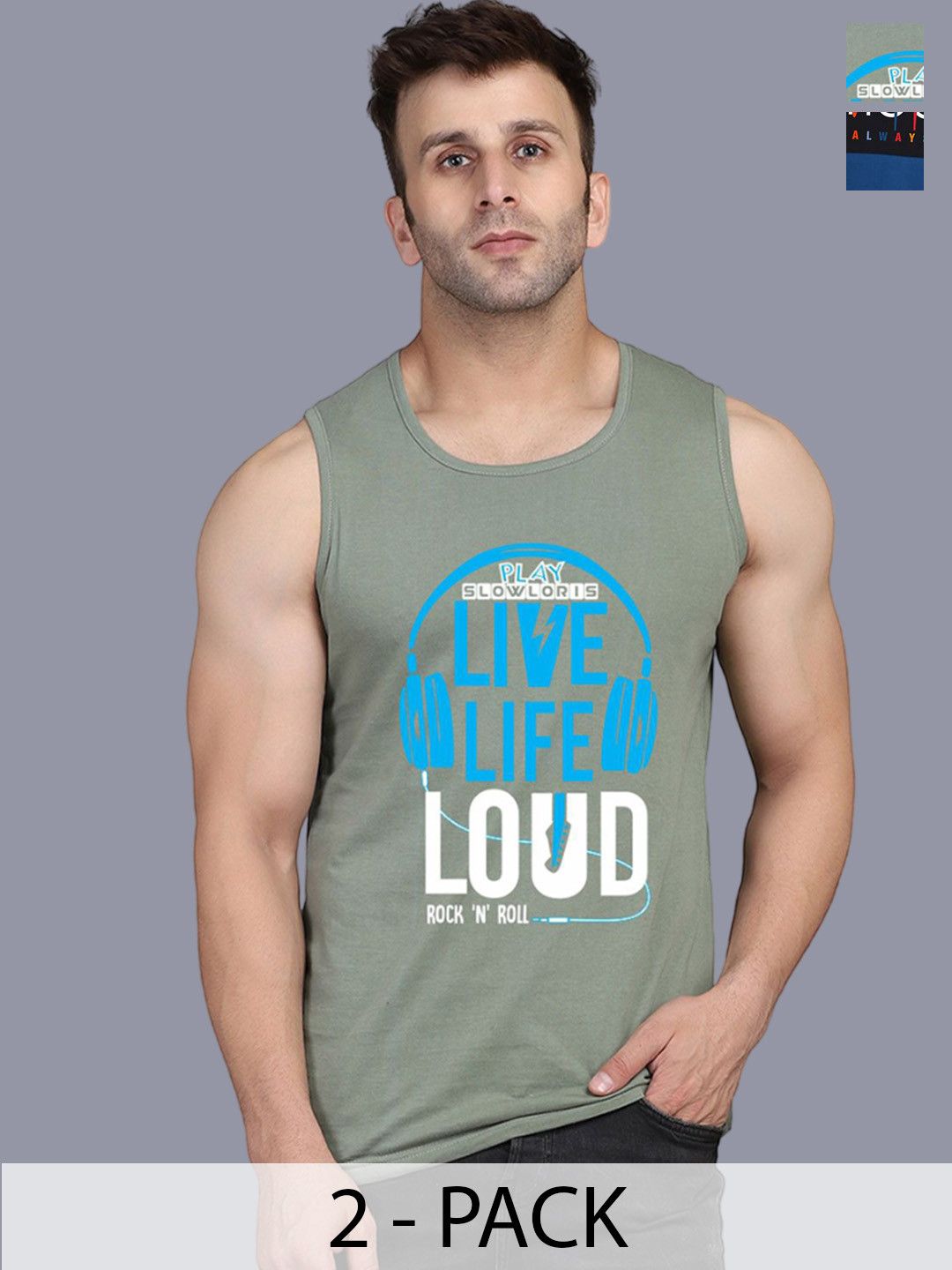 

SLOWLORIS Pack Of 2 Men Printed Gym Vests, Grey