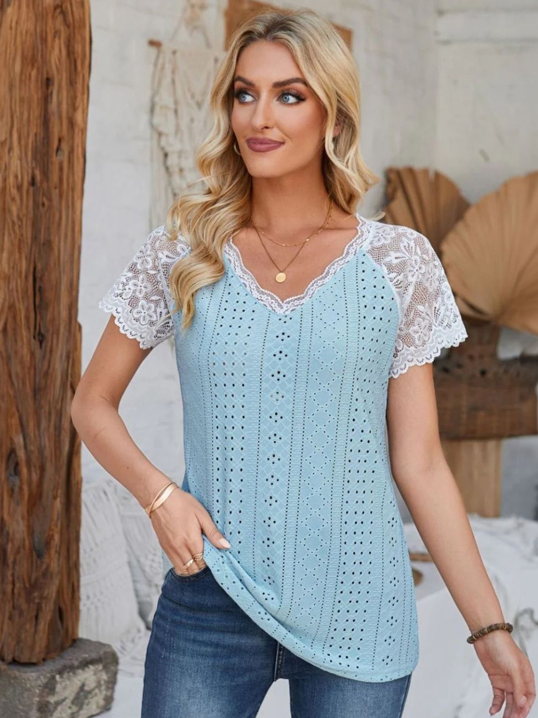 

StyleCast Women Self Design Round Neck Top, Blue