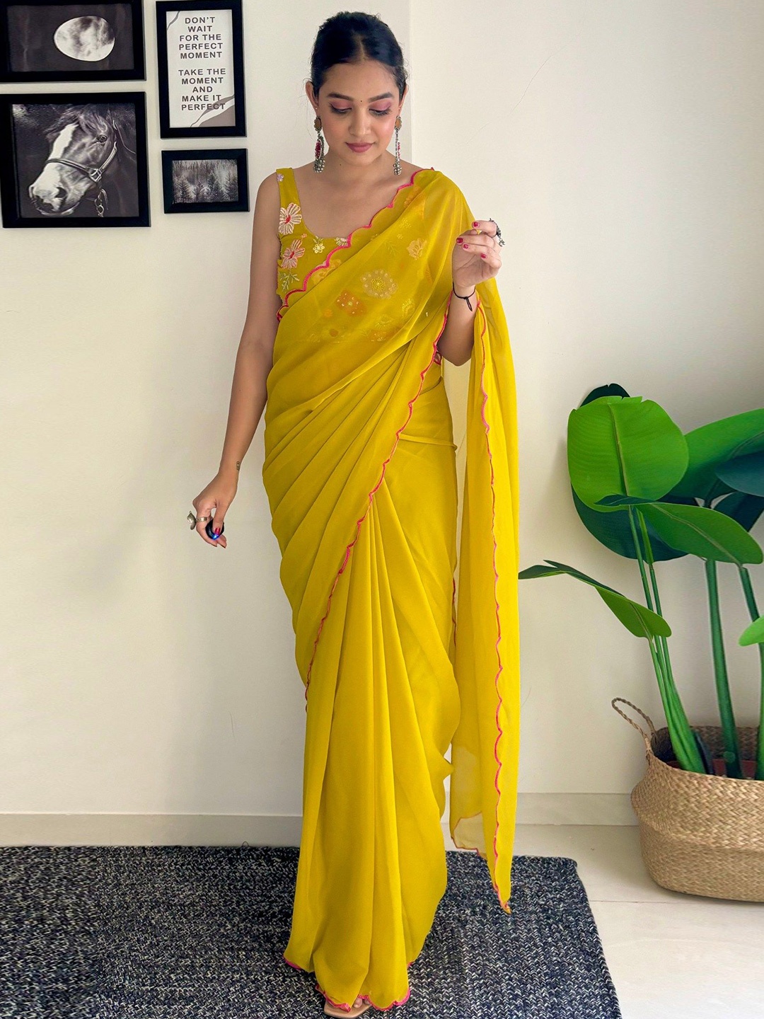 

MySilkLove Embroidered Pure Georgette Saree, Yellow