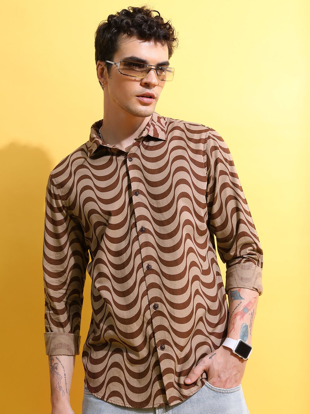 

HIGHLANDER Men Spread Collar Abstract Printed Cotton Slim Fit Casual Shirt, Rust