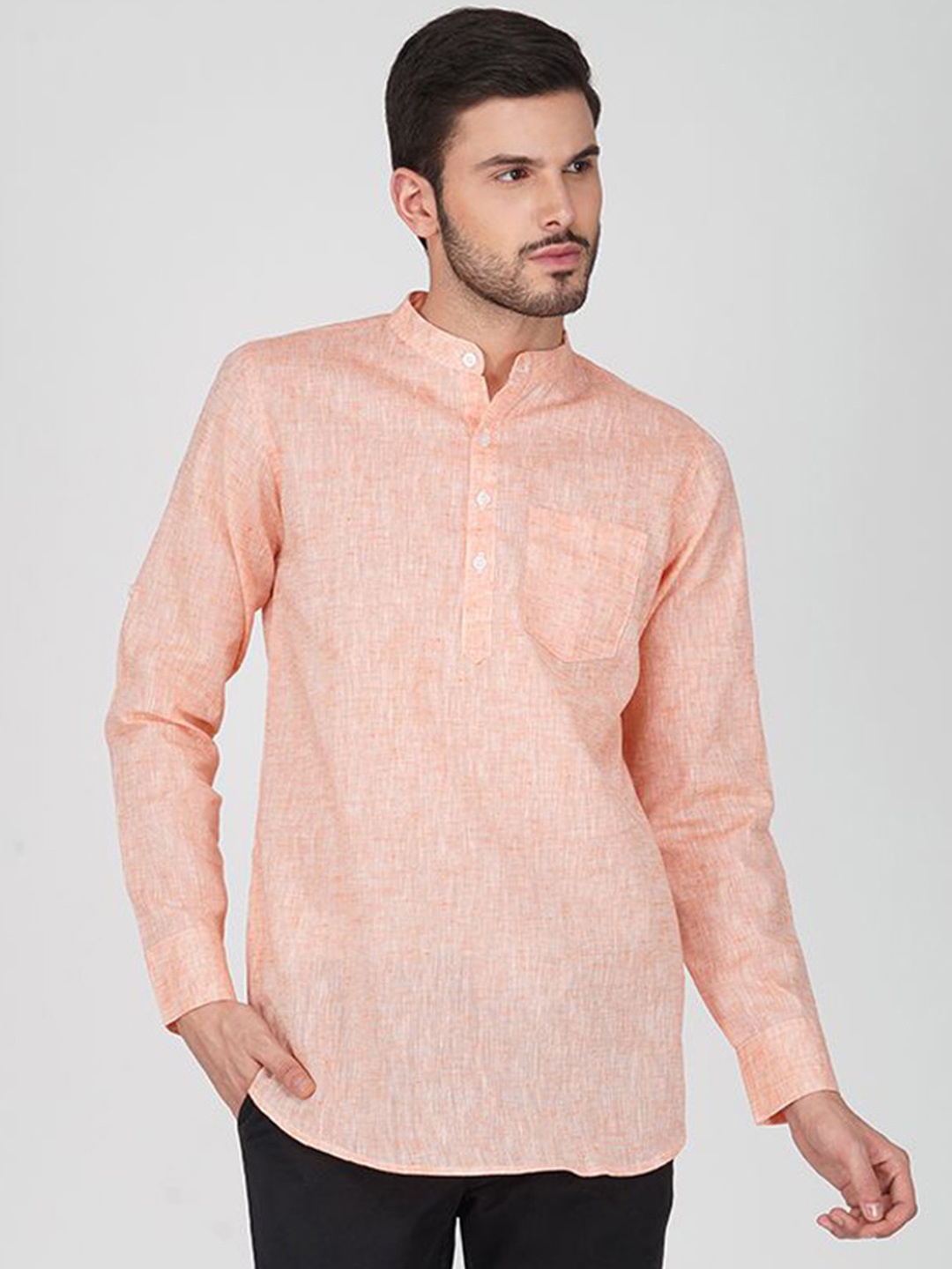 

Vastraa Fusion Men Striped Thread Work Khadi Handloom Kurta, Orange